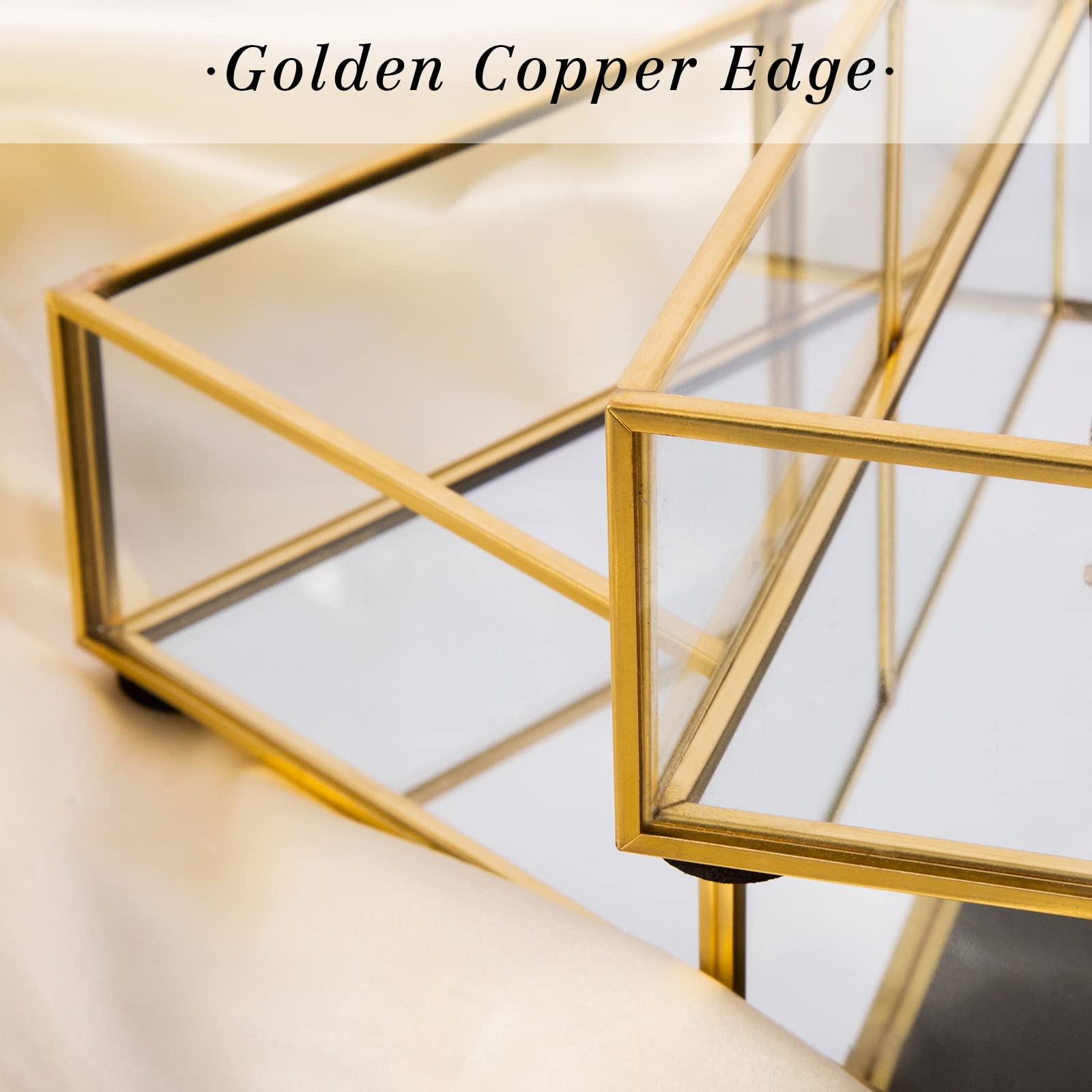 Gold Vanity Tray Set of 2 - Decorative Perfume & Jewelry Tray with Metal Frame for Dresser, Bathroom Counter, Nightstand - Perfect for Organizing Fragrances, Rings, Earrings & Home Decor Accessories