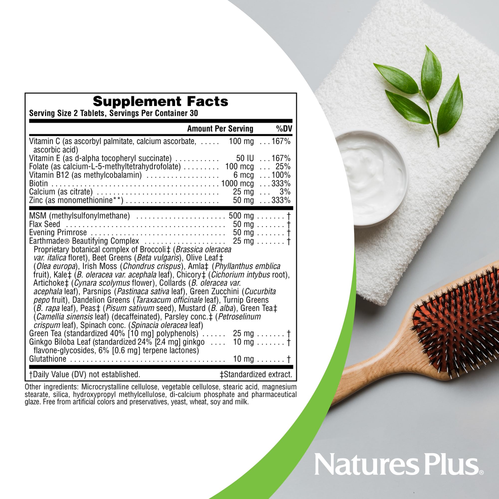 Natures Plus Hair Skin & Nails Supplement - 60 Vegan Tablets for Stronger Hair, Healthy Skin & Nails - Vegetarian, Gluten-Free, 30 Servings - Perfect for Daily Beauty & Wellness Routine
