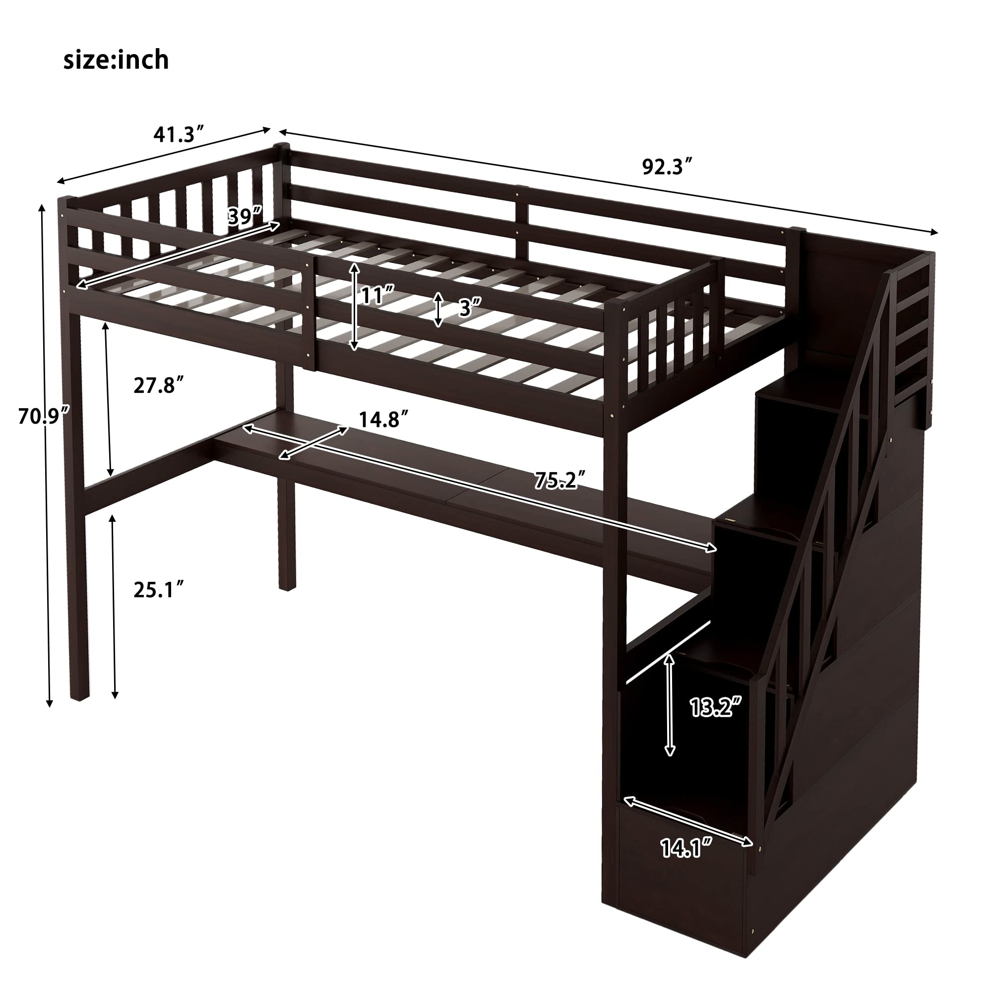 SOFTSEA Twin Loft Bed with Stairs & Built-in Desk - Space Saving Wooden Study Loft Bed for Kids & Teens - Perfect for Small Rooms, Dorm Rooms & Bedrooms (Junior Twin Size)