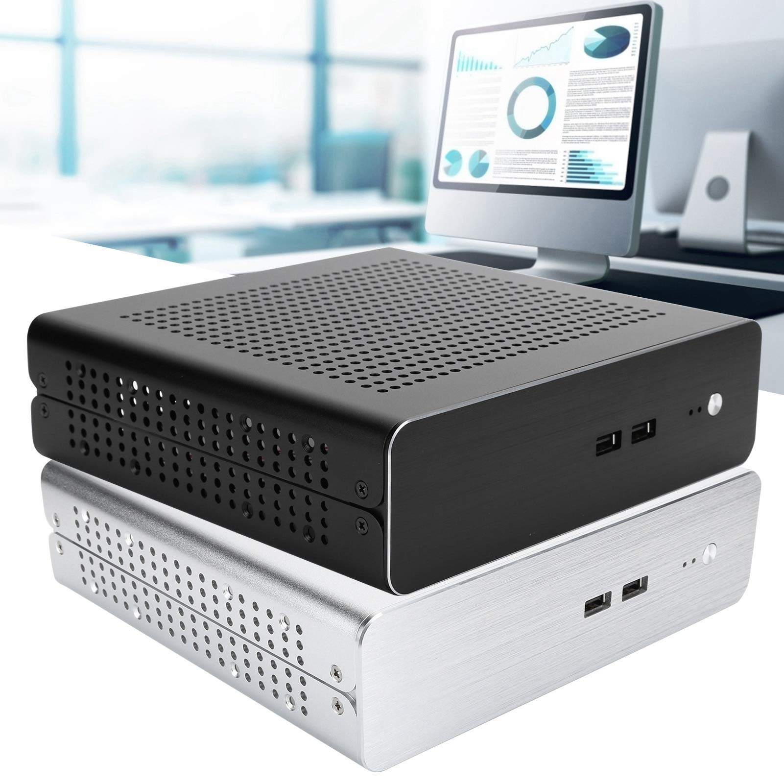 Mini ITX PC Case - Full Aluminum HTPC Chassis with DC-ATX Power Supply, Horizontal/Vertical/Wall Mountable for Home Theater & Office Desktop (Black USB 2.0) - Perfect for Gaming Rigs, Media Centers & Digital Signage Displays