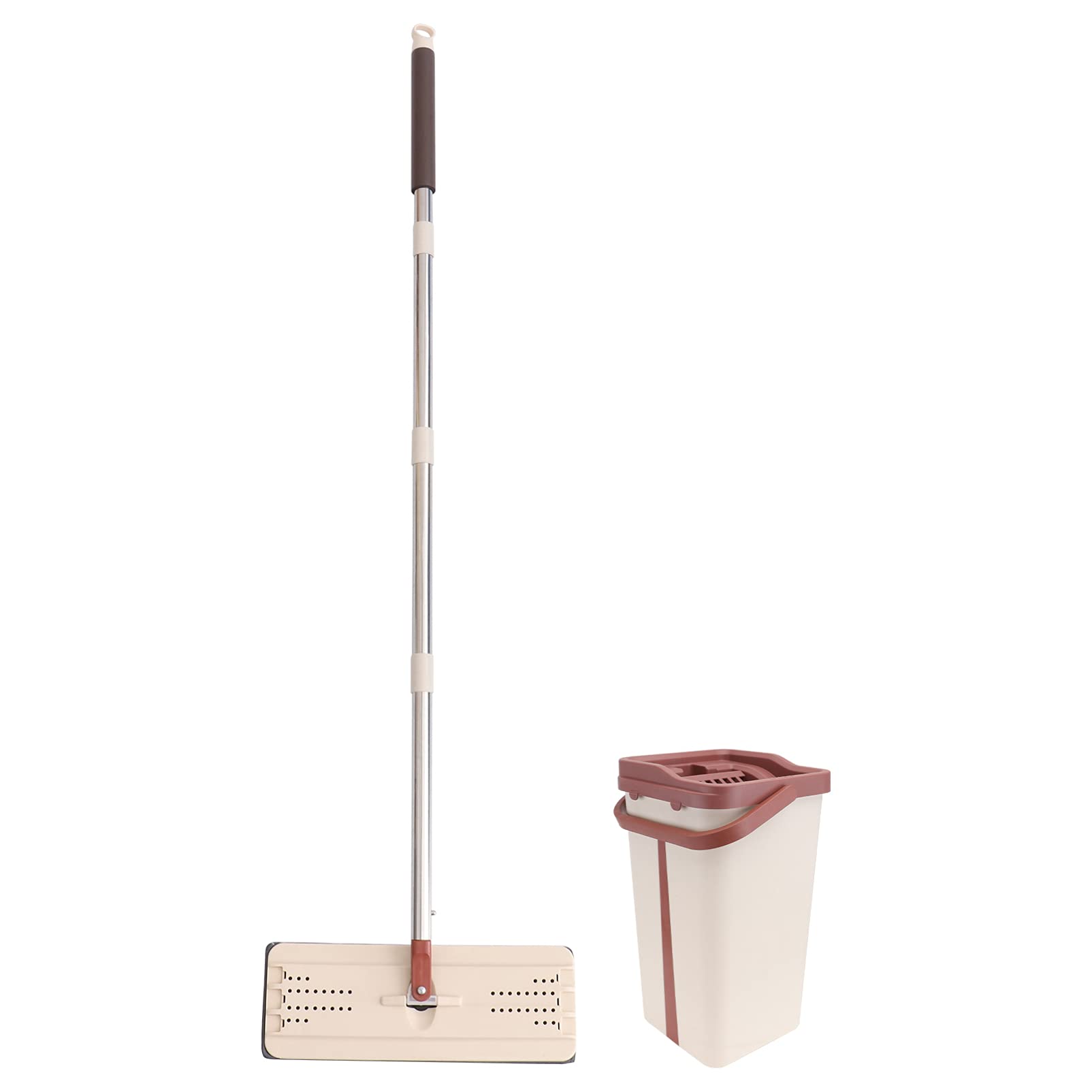 VOSAREA Stainless Steel Cleaner Floor Mop and Bucket Set - Plastic Flat Mop with Telescopic Pole, 2 Reusable Microfiber Pads - Ideal for Hardwood, Tile & Laminate Floors - Brown
