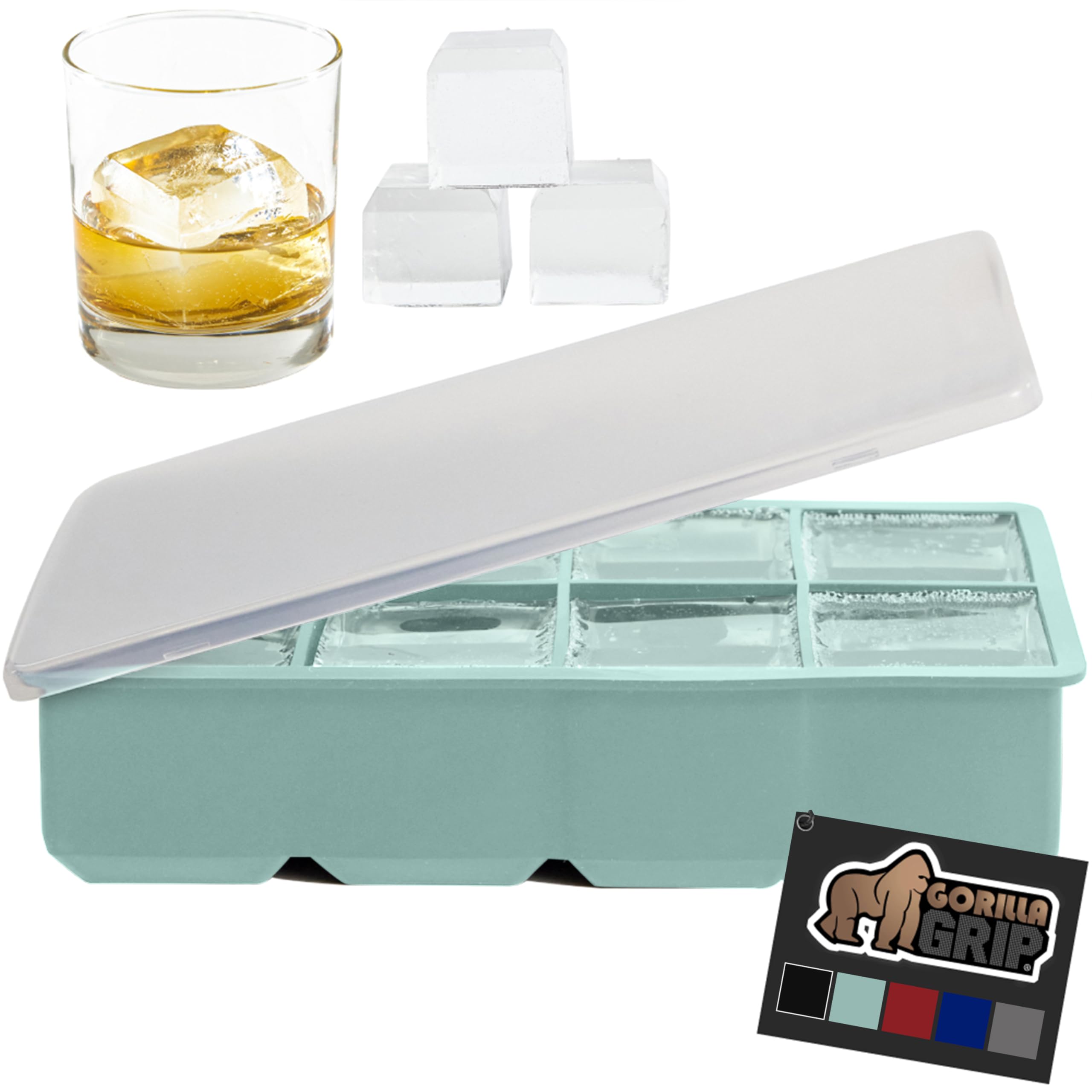 GORILLA GRIP Large Silicone Ice Cube Tray for Freezer - Stackable Lid, Easy Release Mold, 8 Giant Square Slow-Melting Ice Cubes for Whiskey, Cocktails, Iced Coffee | Perfect for Home Bars, Kitchen Essentials & Entertaining | 1-Pack Mint Green