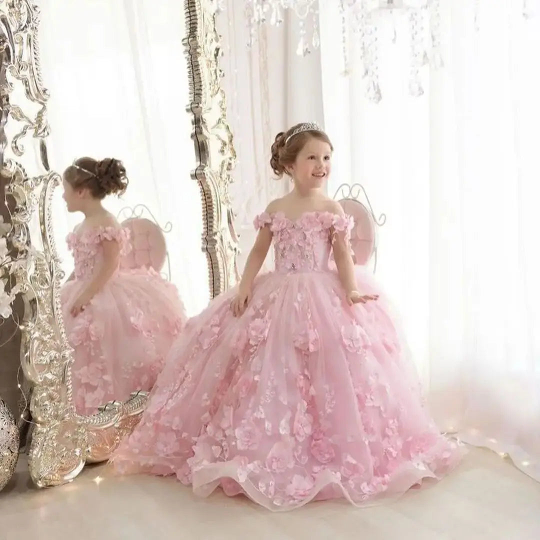 Elegant A-Line Flower Girl Dress with 3D Petals - Perfect for Weddings, Parties & Special Occasions