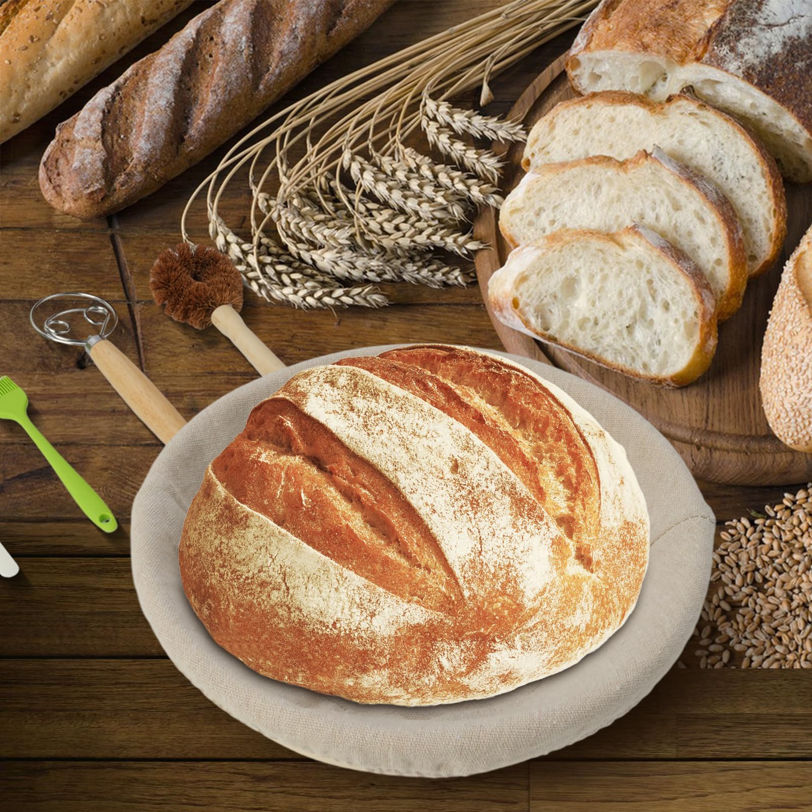 Keygo 9 Inch Round Sourdough Banneton Bread Proofing Basket Set with Linen Liner, Plastic Dough Scraper & Bread Scoring Cutter - Essential Baking Tools for Artisan Homemade Bread, Perfect for Sourdough, Baguettes & Pastry Making