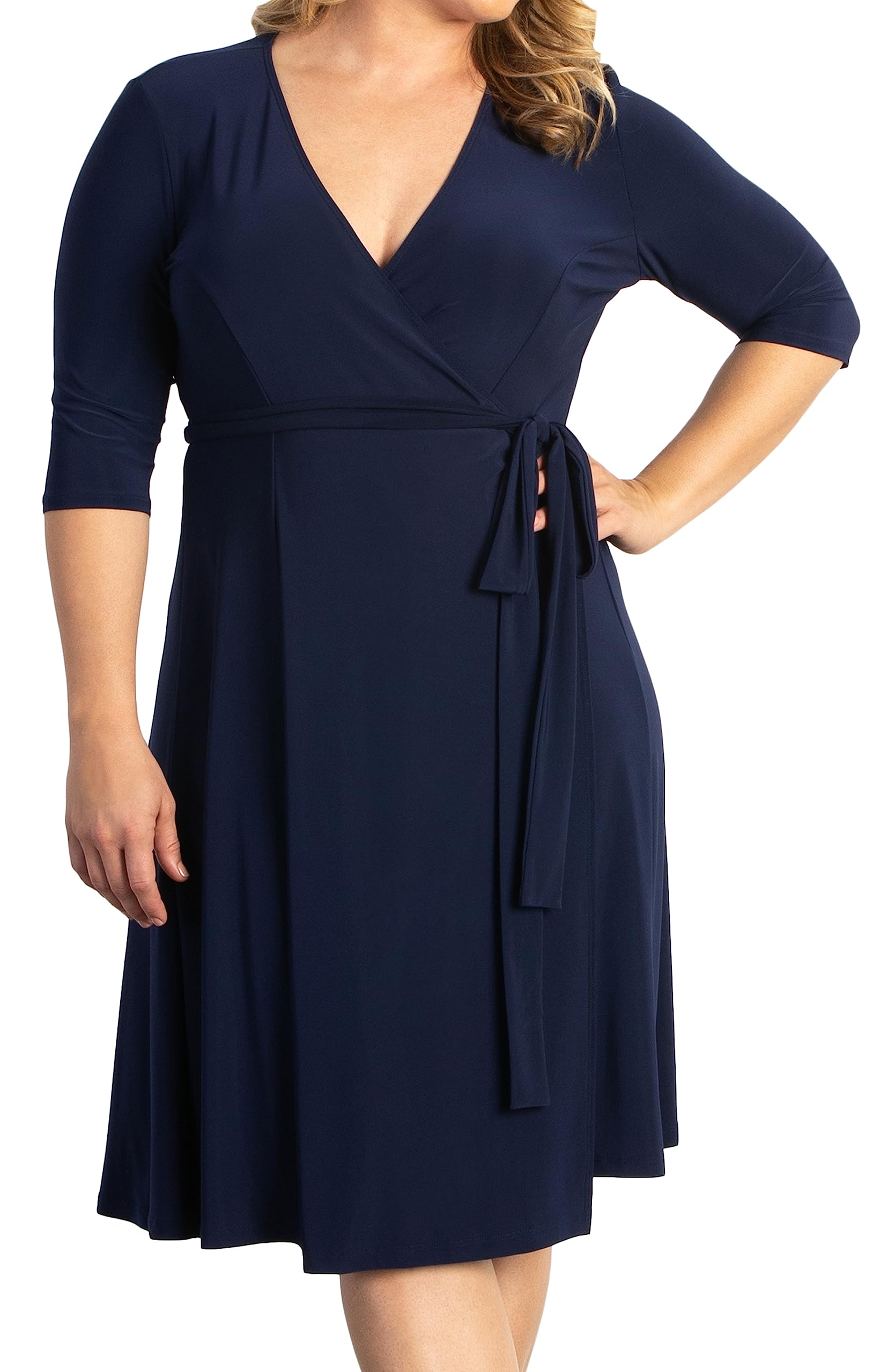 Kiyonna Women's Plus Size Essential Midi Wrap Dress with 3/4 Sleeves | Flattering Cocktail, Party, Wedding Guest & Work Dress | Perfect for Special Occasions & Office Wear