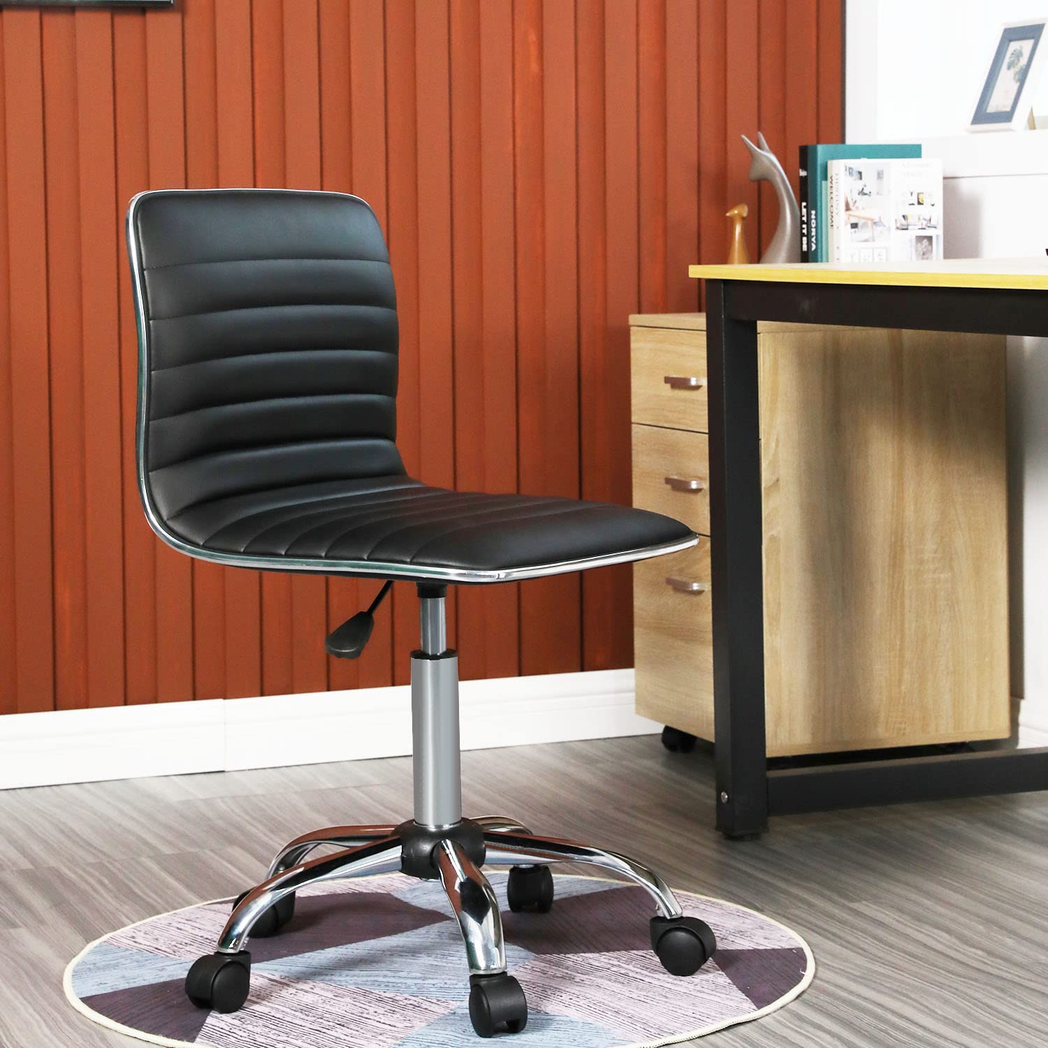 Adjustable Modern PU Leather Task Chair - Ergonomic Desk Chair for Office, Vanity Makeup Room - Black PU Leather Small Desk Chair for Home & Office Use