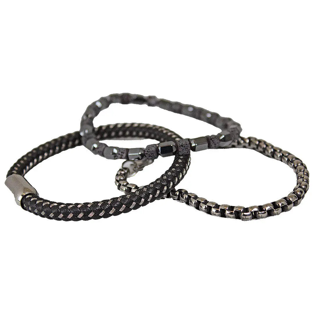 SteelTime Men's Black Leather Stainless Steel Bracelet with Hematite & Lava Stone - Stylish Gift for Men, Outdoor & Casual Wear