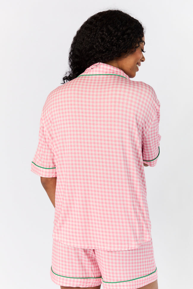 Pink Gingham Short Sleeve Pajama Top for Women - Soft & Comfortable Sleepwear - Perfect for Summer Nights, Loungewear & Vacation Getaways