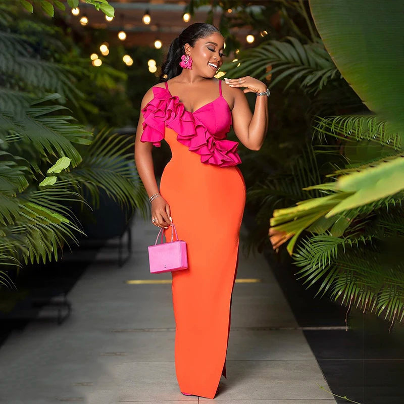 2023 New Fashion Orange Women's Sleeveless Sexy V-Neck Ruffles Bodycon Midi Bandage Dress for Birthday Party, Club Night, Cocktail Event & Special Occasions