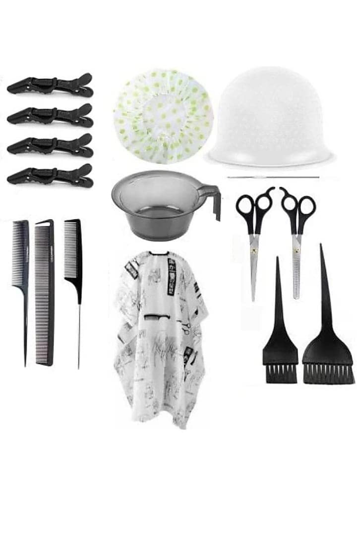 Professional Salon & Home Hair Cutting Kit - Apron, Clips, Comb, Cape, Highlighting Cap, Dye Bowl, Scissors & Brush Set for Stylists & DIY Haircuts at Home