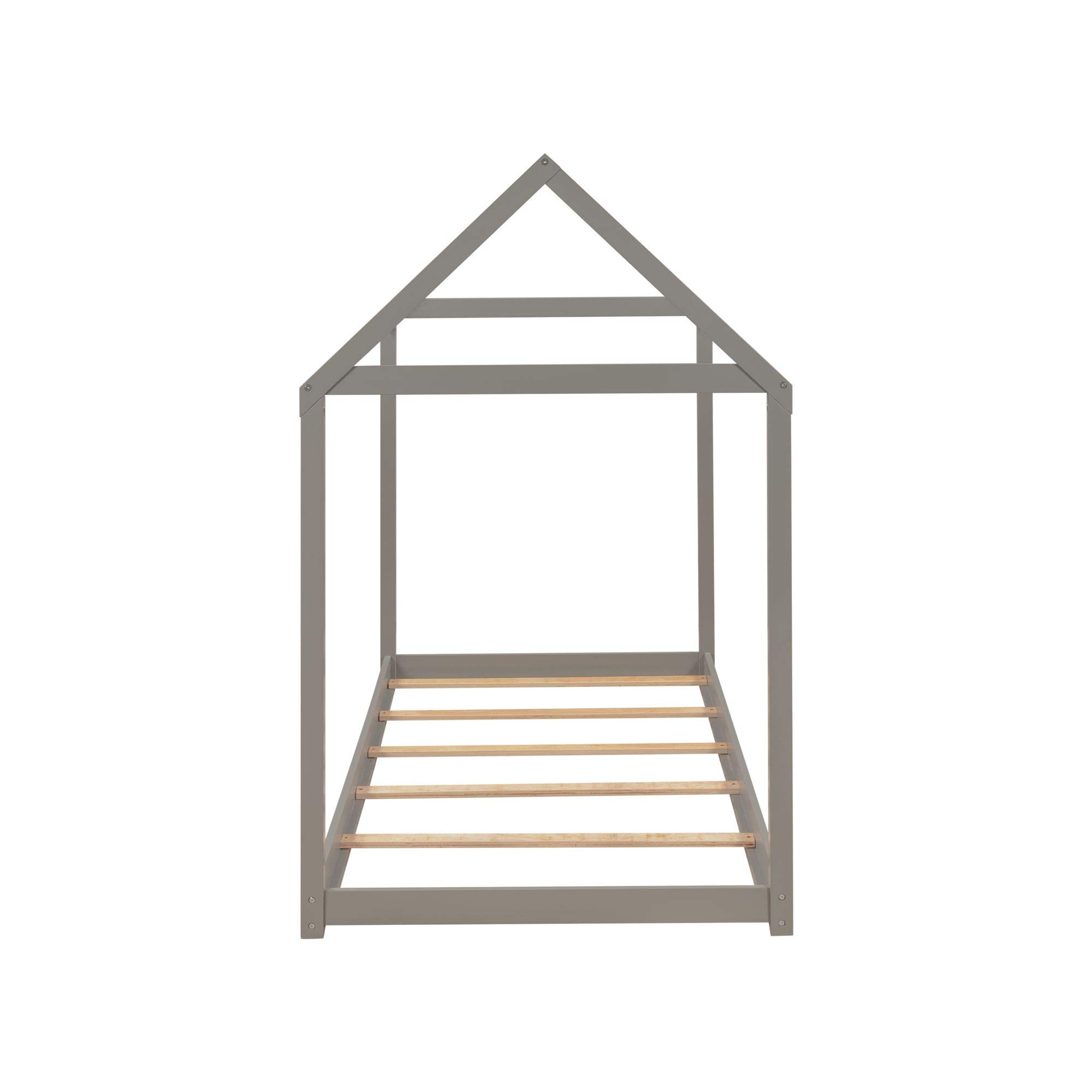 Premium Twin Size Wooden House Bed Frame for Kids - Sturdy Cabin Bed with Roof, No Box Spring Needed, Floor Bed for Playrooms & Bedrooms (Gray)
