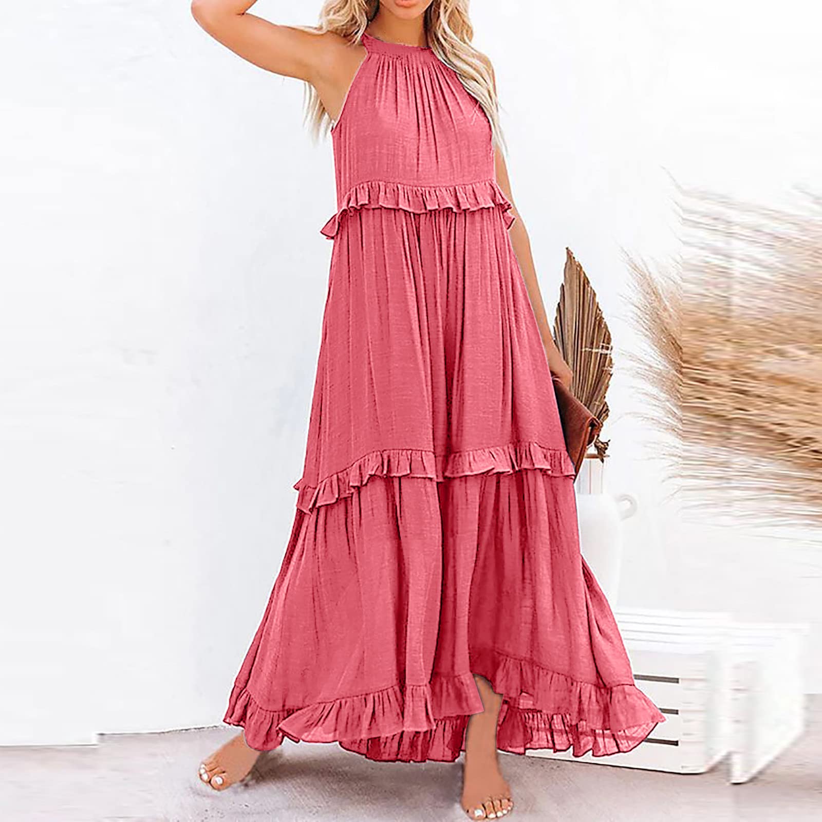 Women's High Neck Ruffle Tiered Maxi Dress - Boho Beach Sundress with Pleated Layered Design for Spring 2025 | Perfect for Vacations, Summer Outings & Casual Wear