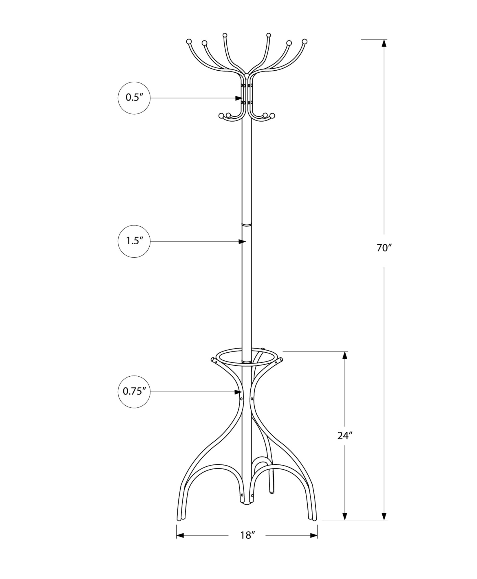 70H Black Metal Coat Rack with Umbrella Holder - Perfect for Entryway, Hallway & Mudroom Organization