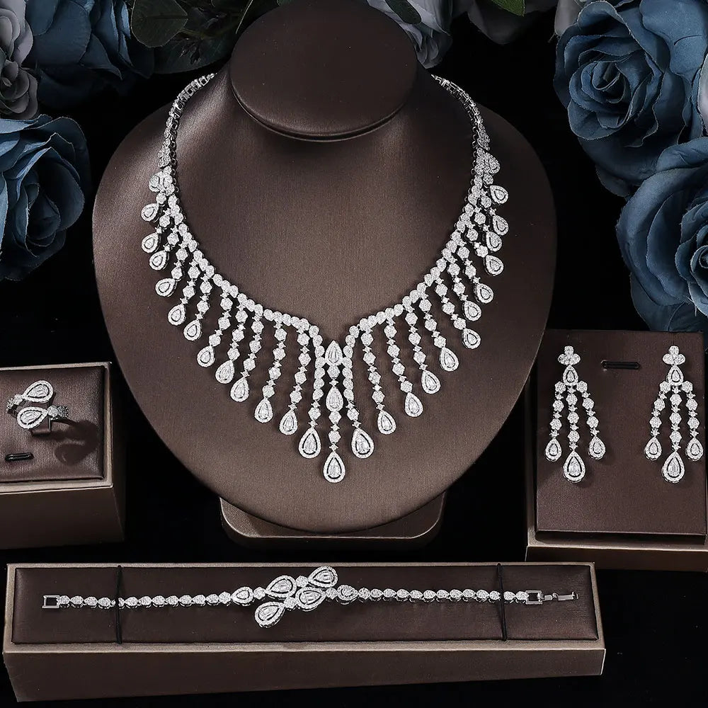 4-Piece Cubic Zirconia Bridal Jewelry Set - Elegant Wedding Necklace & Earrings for Dubai & Nigerian Brides | Perfect for Weddings, Anniversaries & Special Occasions