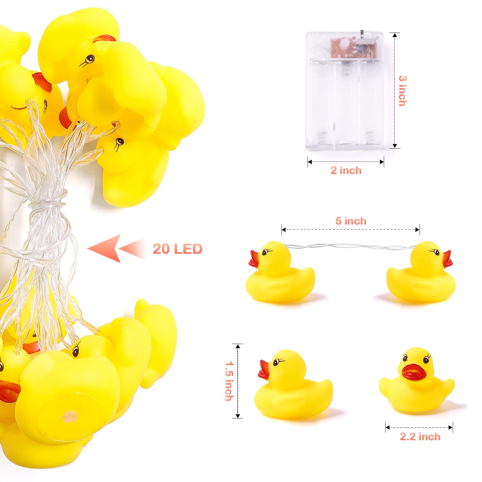 20 LED String Lights for Kids Room - Holiday Wall Window Tree Decor, Party Yard Garden, Bedroom Living Dorm - Squeeze Sound Squeaky Duck Toy - Perfect for Birthday Decorations, Nursery Night Light & Christmas Tree Lighting