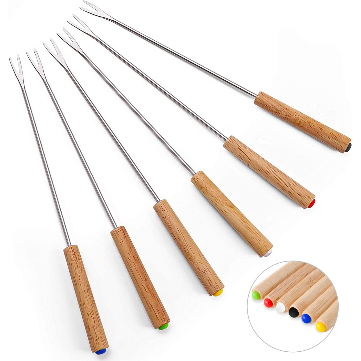 6-Piece Stainless Steel Fondue Forks Set - 9.5 Inch Heat-Resistant Cheese & Chocolate Fondue Sticks with Wooden Handle - Perfect for Chocolate Fountains, Cheese Fondue, Roasting Marshmallows & Fruits - Ideal for Parties, Family Gatherings & Romantic Dinners
