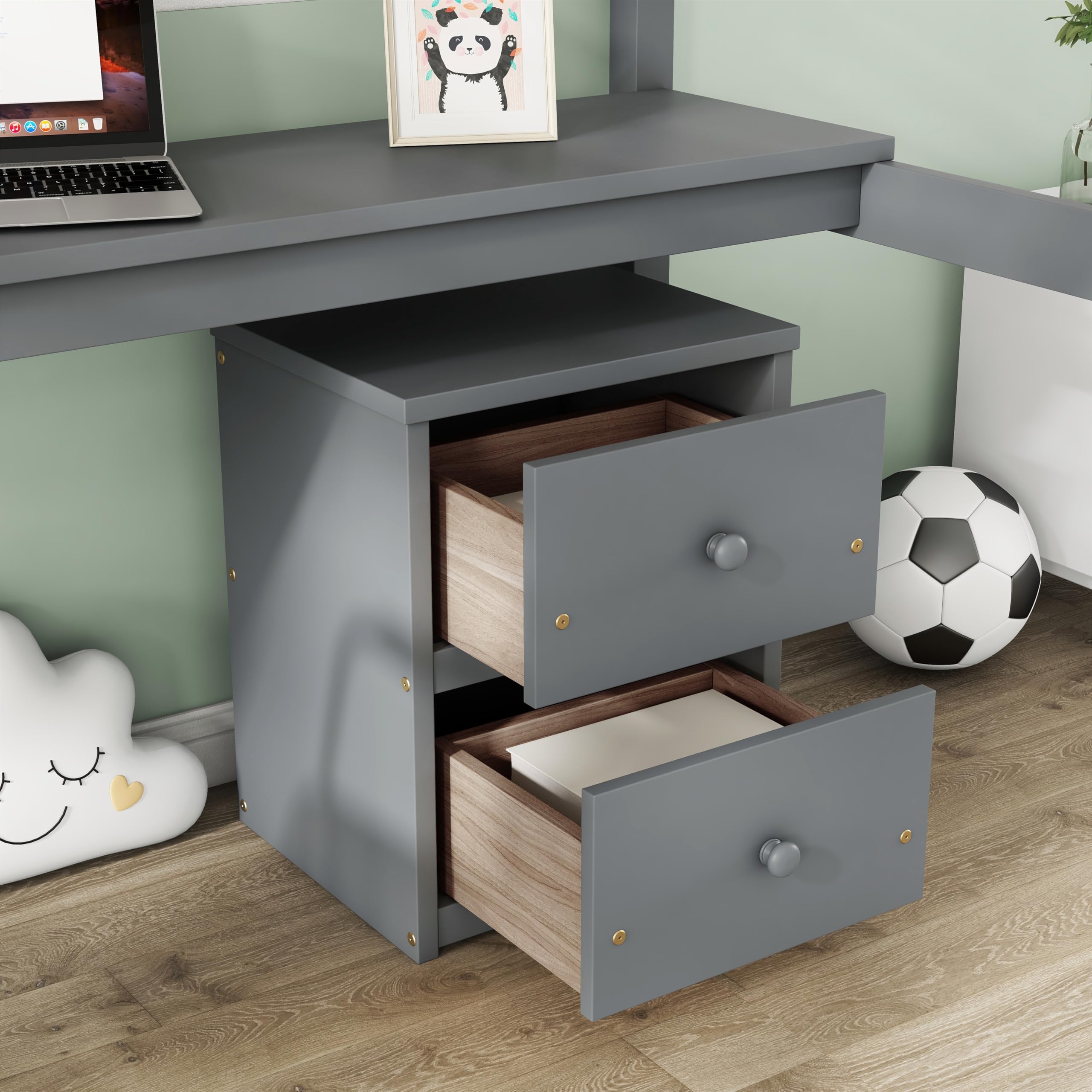 Merax Twin Size Wood Loft Bed with Built-in Desk, 2-Drawer Storage Cabinet, Guardrails & Ladder - Space Saving Bed for Small Bedroom, Dorm or Guest Room (Grey) - Perfect for Study, Sleep & Storage in Compact Spaces