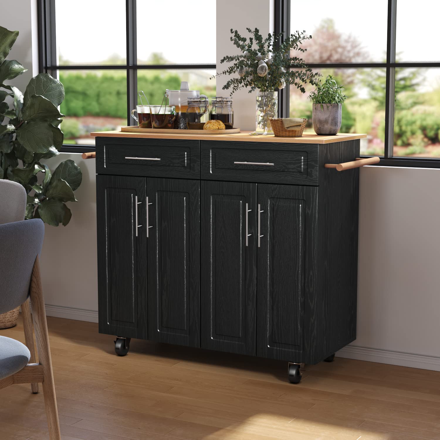 Farmhouse Coffee Bar Cabinet - Modern Rolling Sideboard Buffet Storage with Wheels, Kitchen Island Cart for Living Room, Kitchen & Hallway - Perfect for Entertaining, Coffee Station & Home Organization (Black)