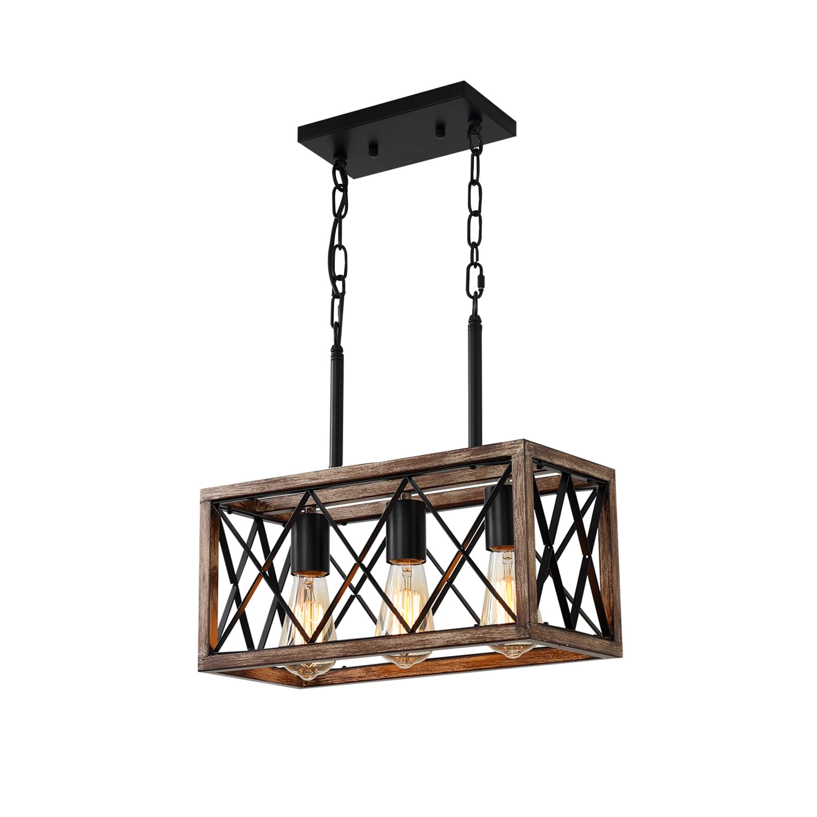 KEESFU Farmhouse Kitchen Island Lighting - 3 Lights Adjustable Height Pendant Fixtures, Industrial Wood Grain Dining Room Light for Living Room, Foyer, Over Sink, and Breakfast Bar