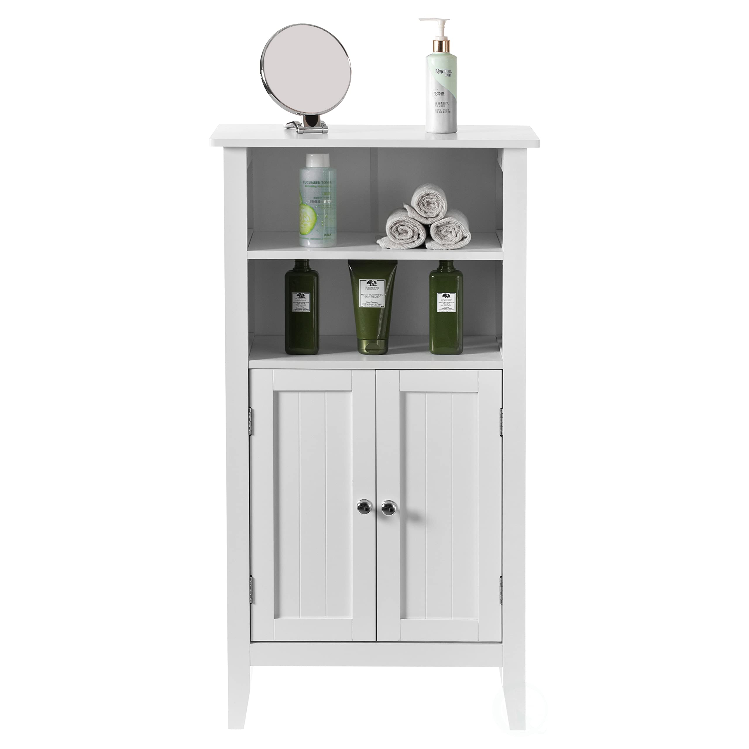 Basicwise White Storage Cabinet with Doors and 2 Open Shelves - Organizer for Bedroom, Bathroom & Vanity - Perfect for Closet Organization, Bath Essentials & Makeup Storage