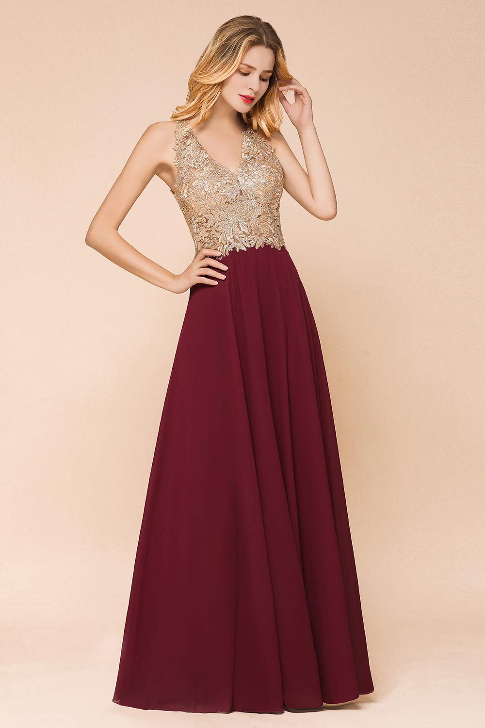 Elegant Navy Blue Plus Size V-Neck Chiffon Bridesmaid Dress with Gold Lace Appliques - Long Formal Prom Gown for Weddings, Parties & Special Occasions