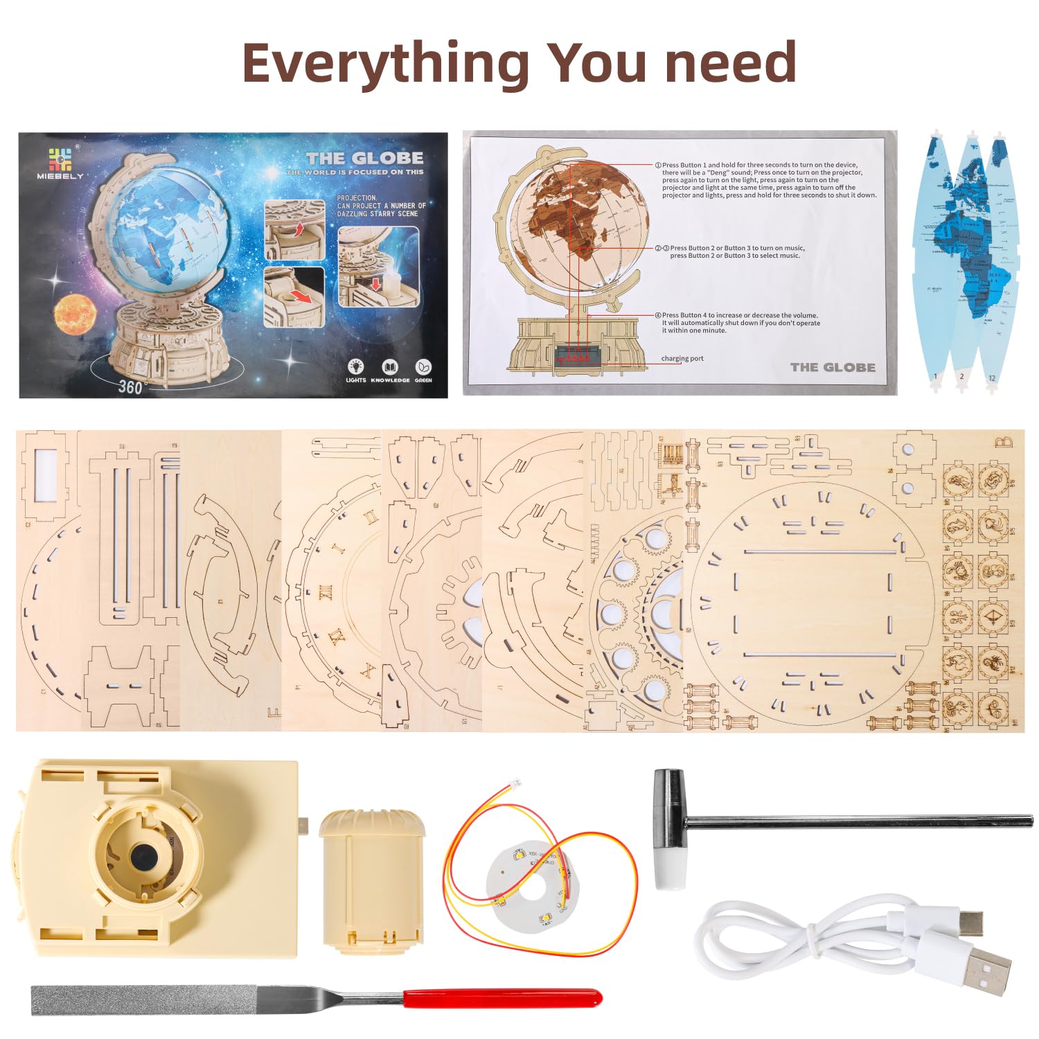 MIEBELY STEM Building Toys Kit - 3D Wooden Puzzle for Adults & Kids Ages 8+, DIY LED Wood Model with USB Charging, Illuminated Globe Music Box - Perfect Birthday Gift, Desk Decor for Boys & Girls - Great for STEM Learning, Home Office Decoration and Creative Play