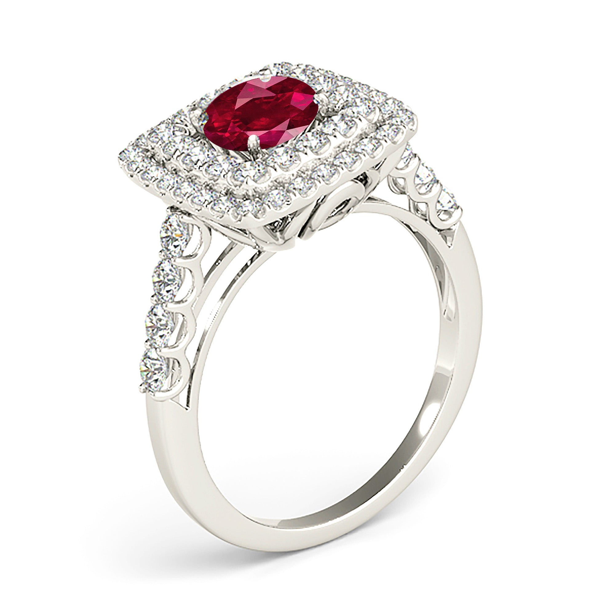 1.35 Carat Genuine Ruby Ring with Double Row Cushion Halo - Elegant Wedding, Engagement & Anniversary Jewelry Gift for Women