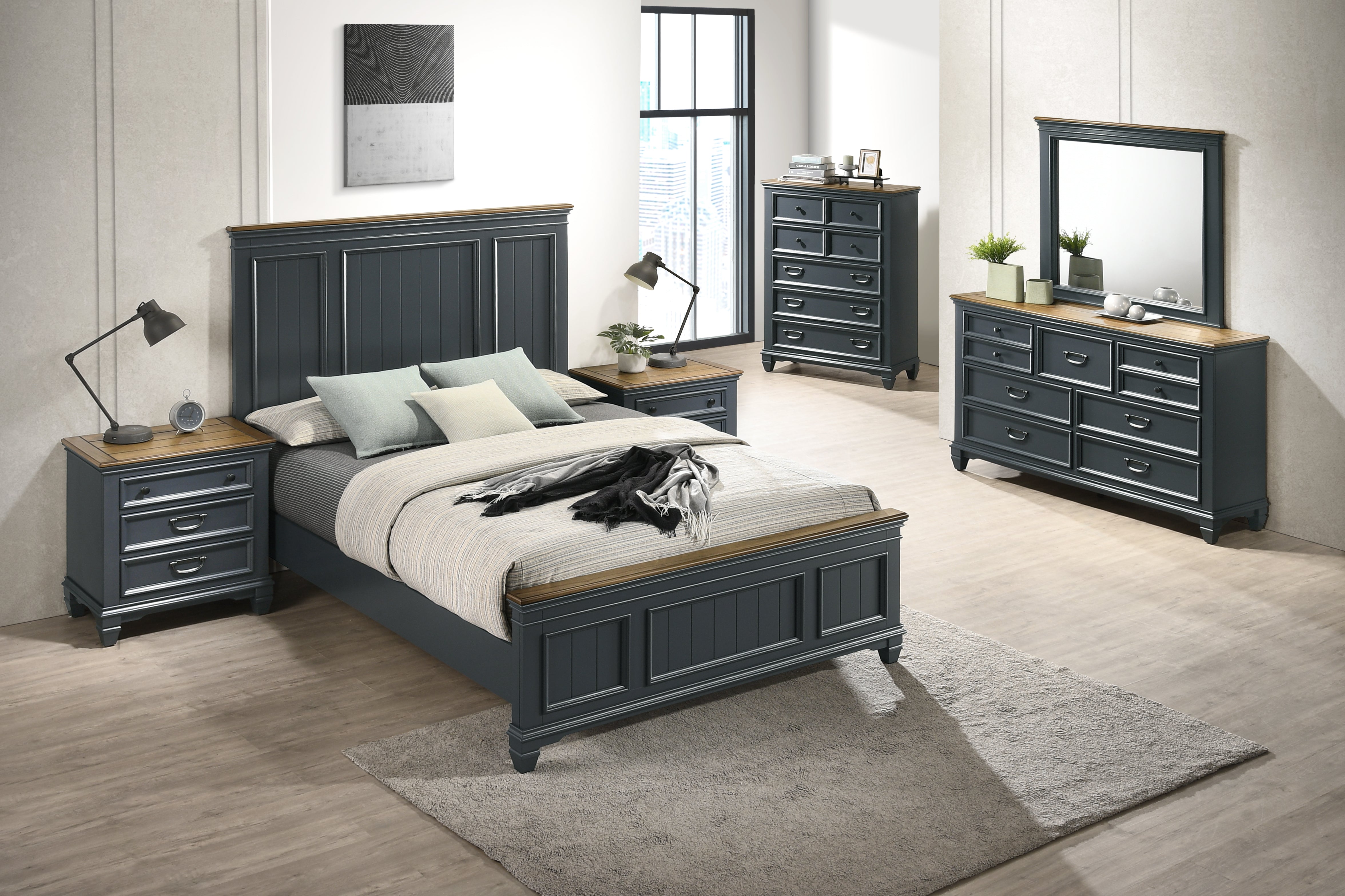 Roundhill Furniture Clelane Wood Bedroom Set with Shiplap Panel Bed - Queen Size, Slate Blue Finish - Modern Farmhouse Bedroom Decor for Master & Guest Rooms