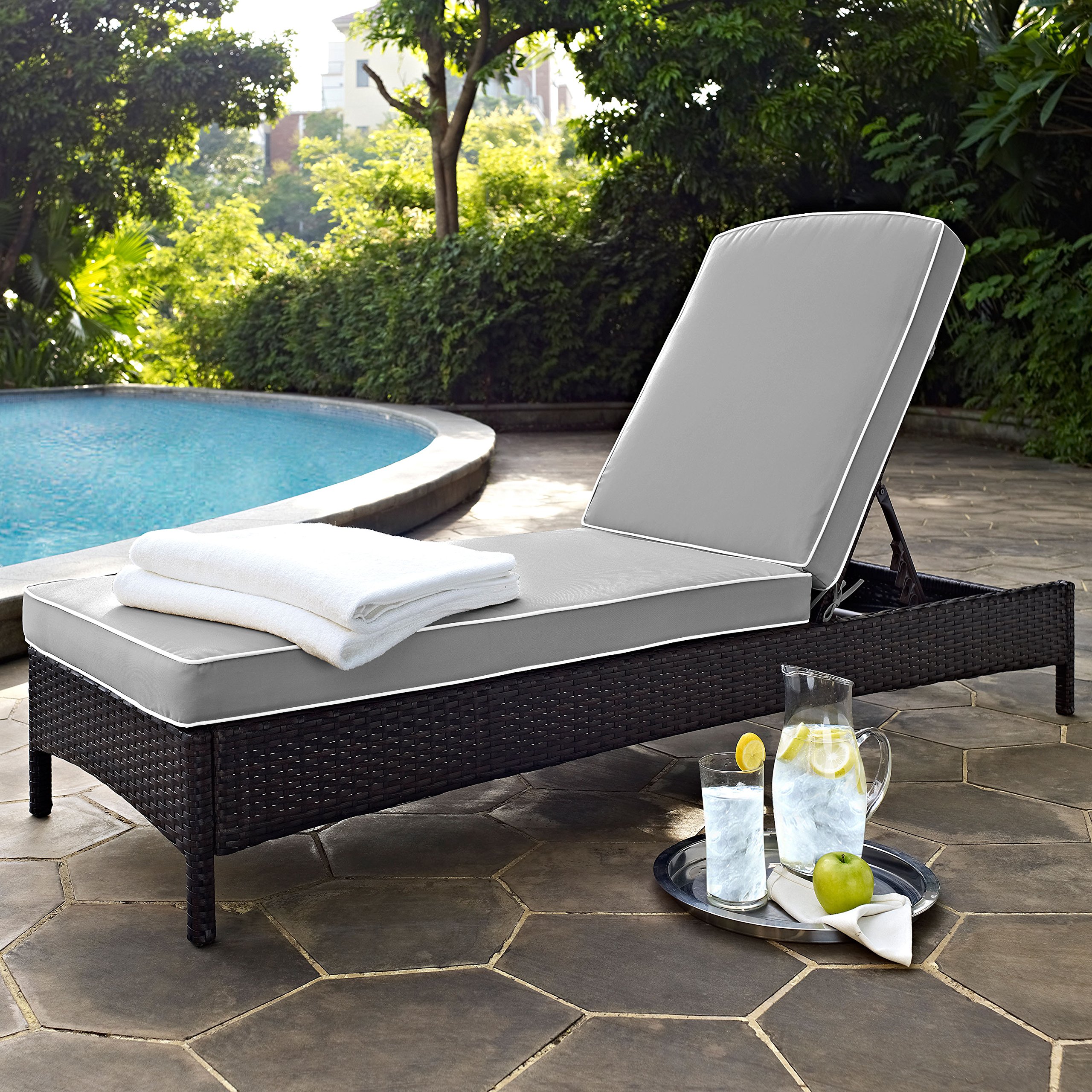 Crosley Palm Harbor Reclining Wicker Outdoor Chaise Lounge Chair - Brown with Gray Cushions for Patio, Deck, Poolside & Backyard Relaxation | Weather-Resistant Wicker Furniture for Outdoor Living Spaces