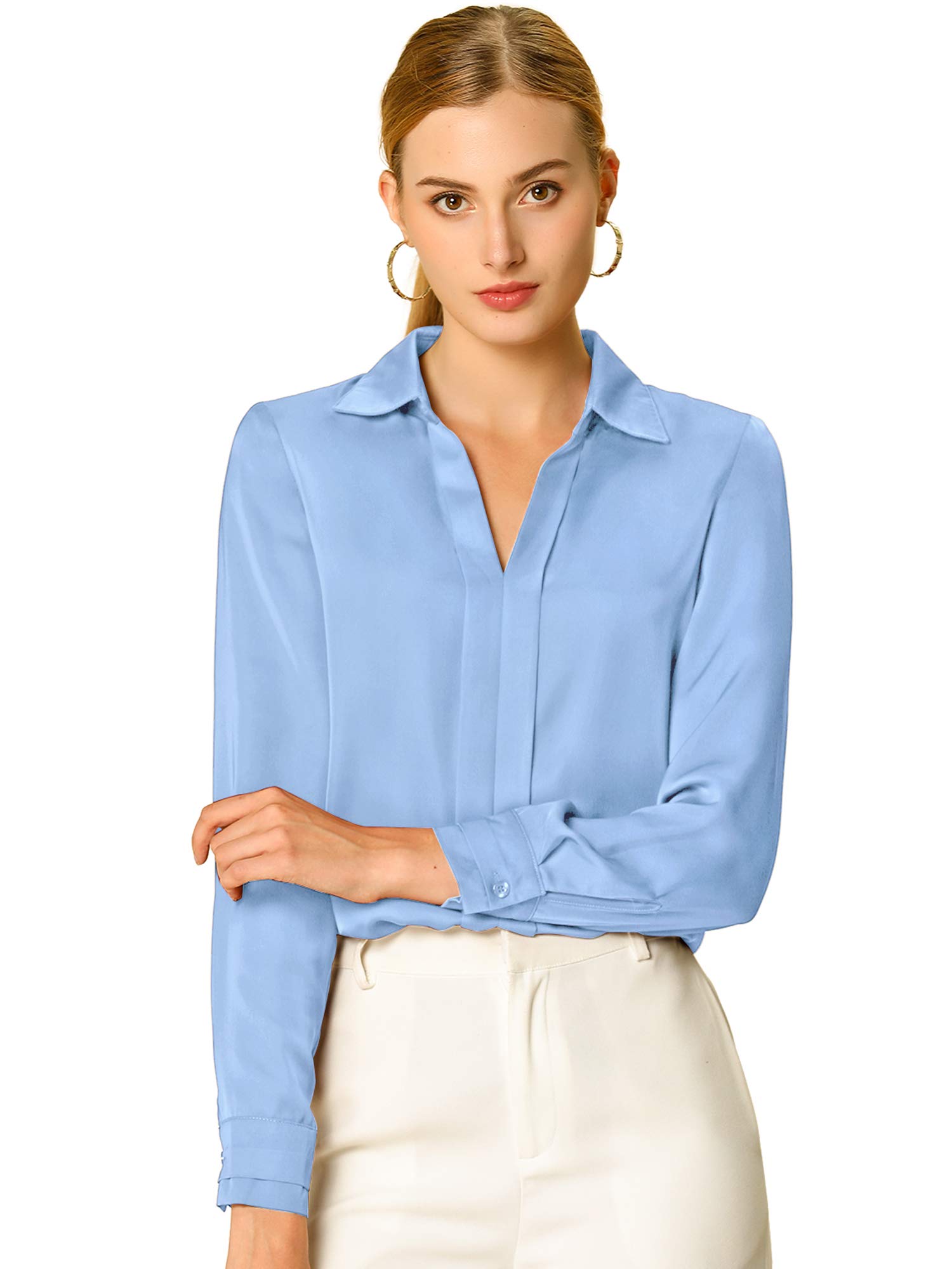 Allegra K Women's Satin Blouse - Elegant V Neck Long Sleeve Silky Shirt for Office Work & Formal Wear | Professional Business Attire & Evening Occasions