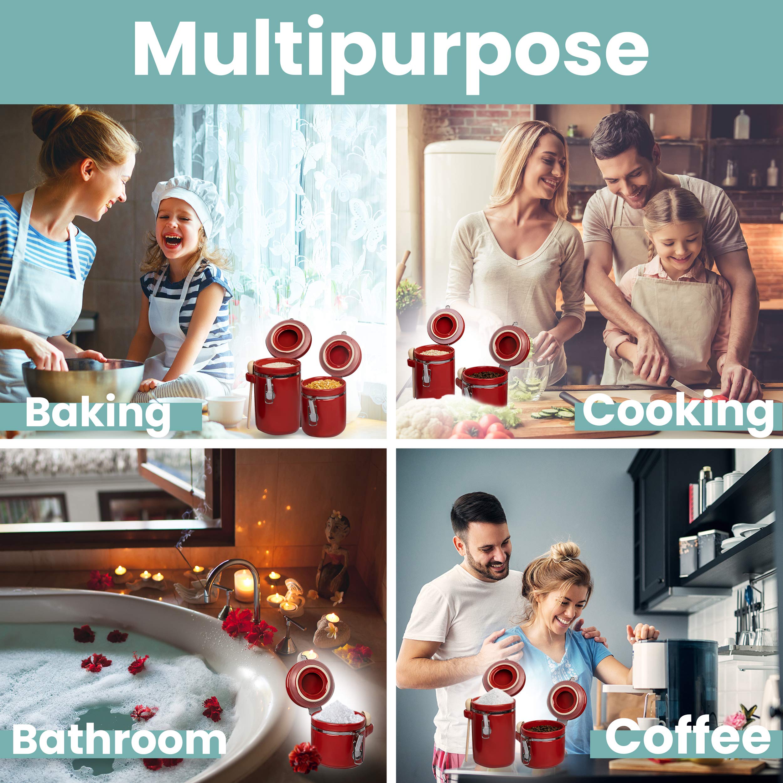 Airtight 4-Piece Ceramic Kitchen Canisters Set with Wooden Spoons - Smell Proof Food Storage Containers for Sugar, Coffee, Flour & Tea - Includes Chalkboard Labels & Marker (Red) - Perfect for Pantry Organization & Countertop Display