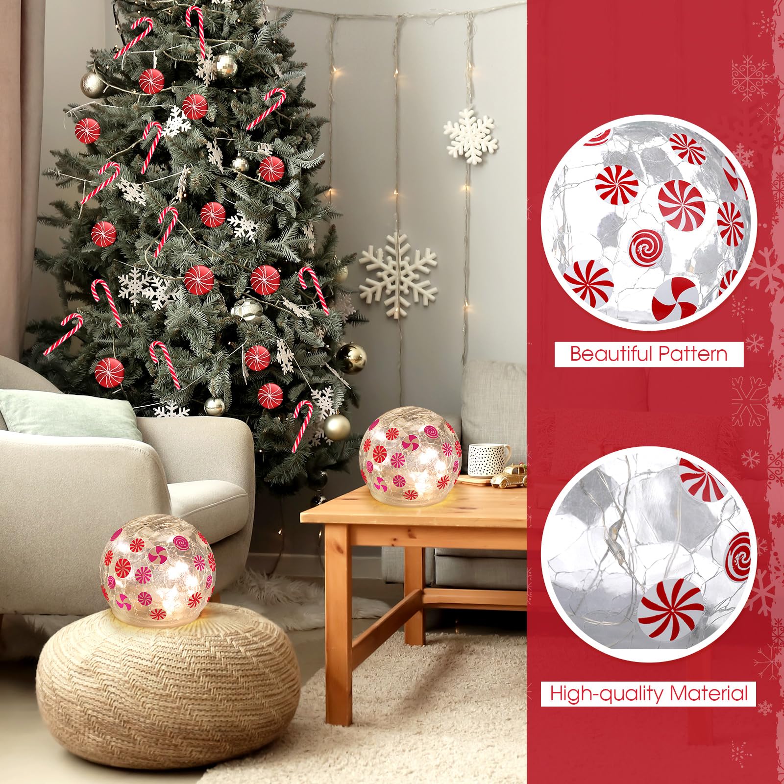 2 Pack Peppermint Christmas Lights Decorations - 3.9 Inch Battery Operated Crackle Glass Ball Lights, Candy Globe Night Lights for Christmas Tabletop Decor, Indoor Holiday Table Lamps - Perfect for Christmas Tree, Mantel, Centerpiece, and Festive Home Decor