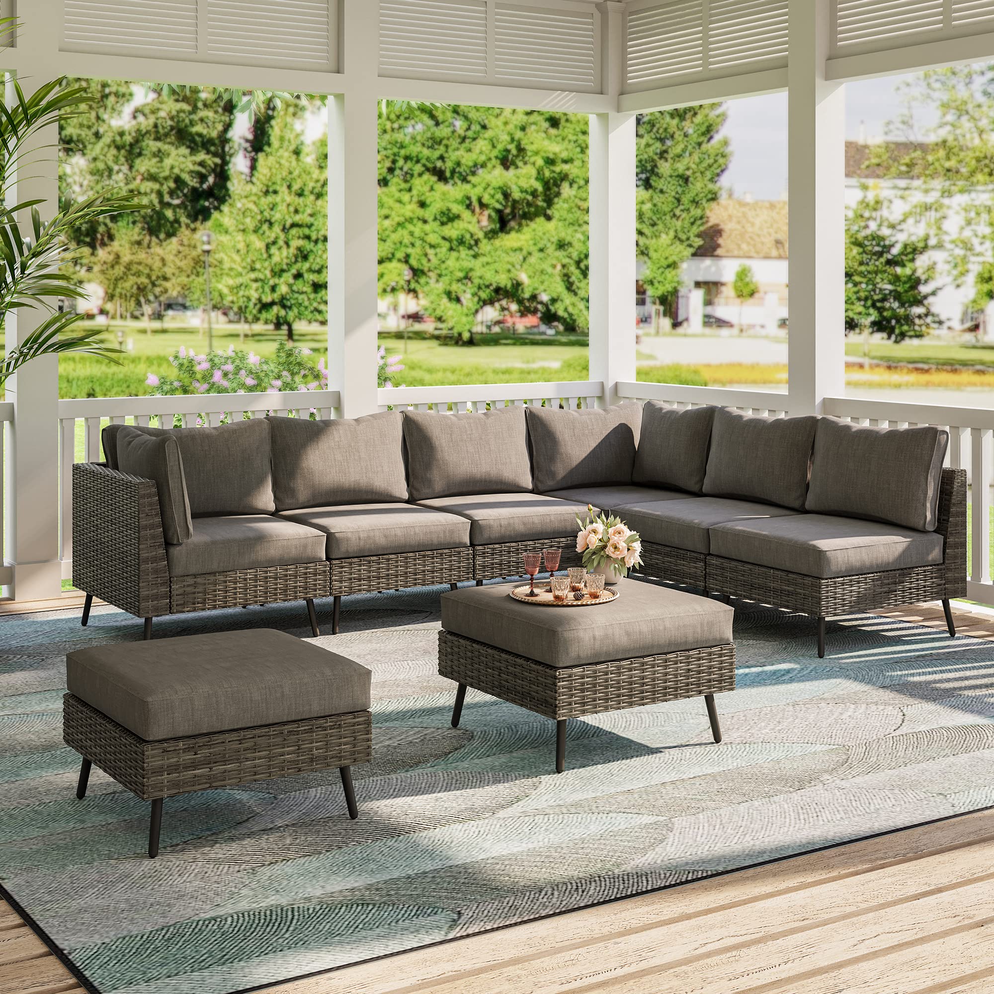 LUSAINT HOME 8-Piece Outdoor Sectional Sofa Set - All-Weather PE Rattan Patio Furniture with Thick Cushions, Grey - Perfect for Garden, Poolside, Backyard & Outdoor Entertaining