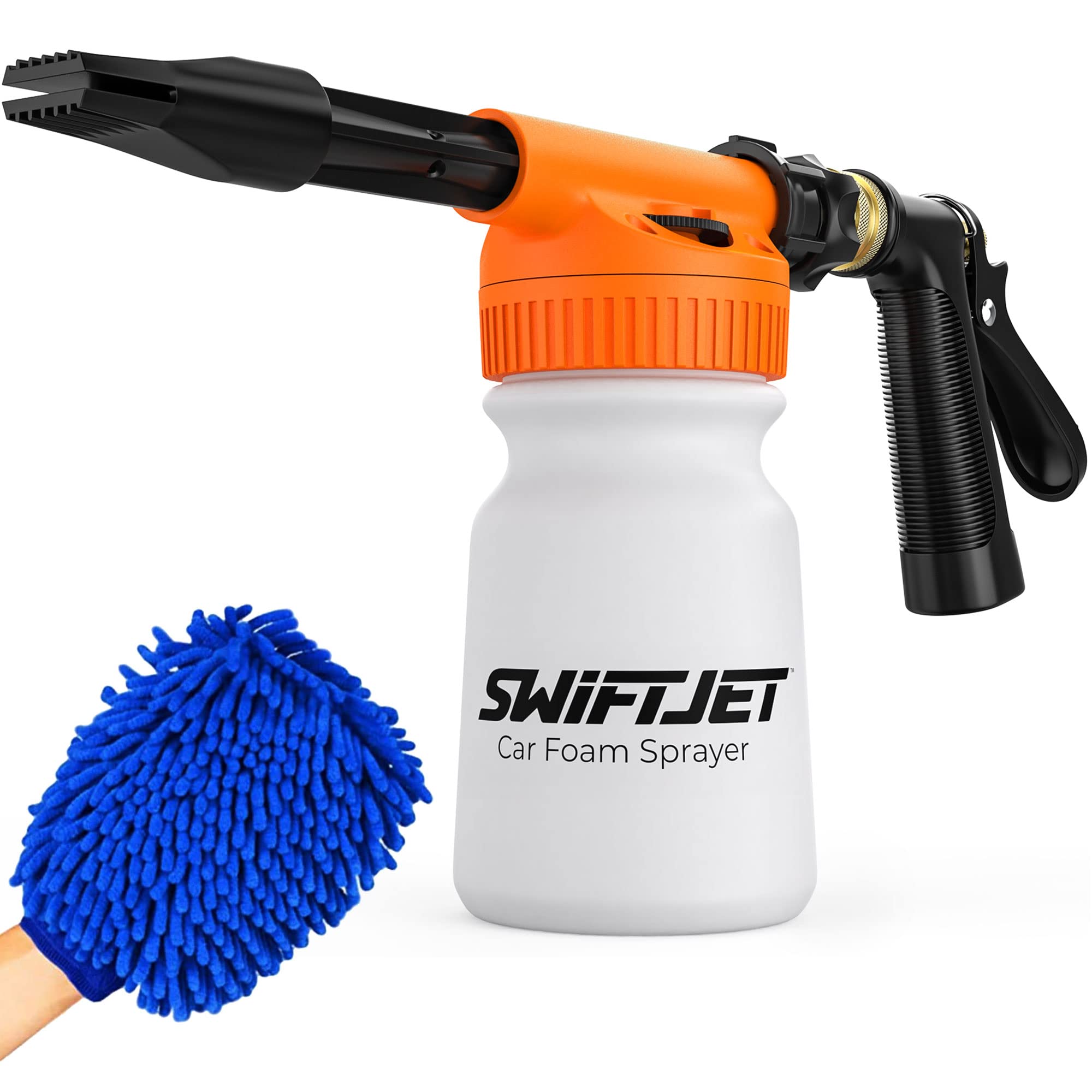 Premium SwiftJet Car Wash Foam Gun with Microfiber Mitt - High Pressure Foam Cannon Sprayer for Auto Detailing - Complete Car Wash Kit with Garden Hose Attachment - Best Car Accessories for Men & Auto Enthusiasts - Perfect for Home Car Washing, RV Cleaning & Driveway Detailing (Orange Foam Blaster with Wash Mitt)