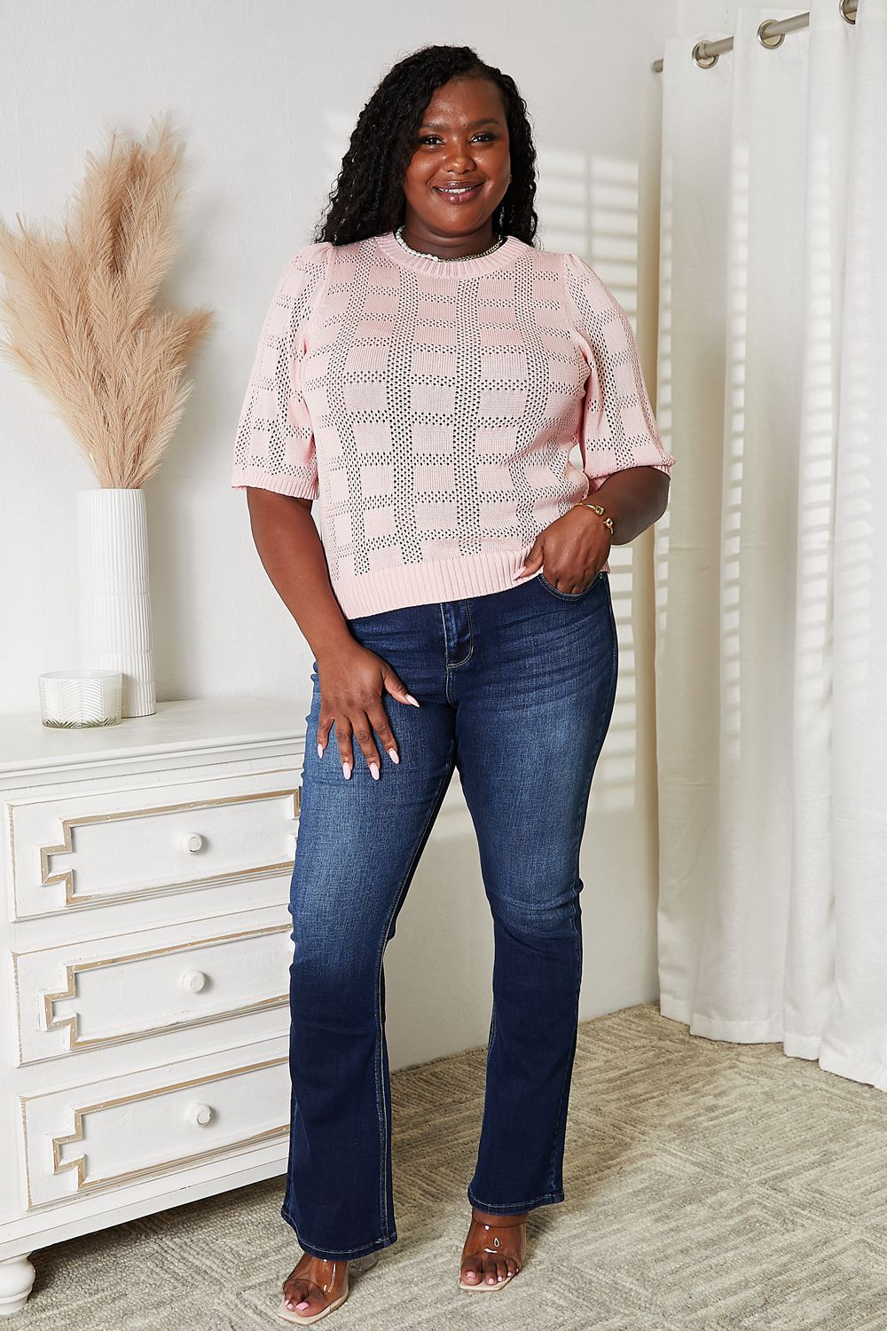 Stylish Ribbed Trim Round Neck Knit Top for Women - Soft Stretch Casual T-Shirt | Perfect for Layering, Everyday Wear & Office Outfits