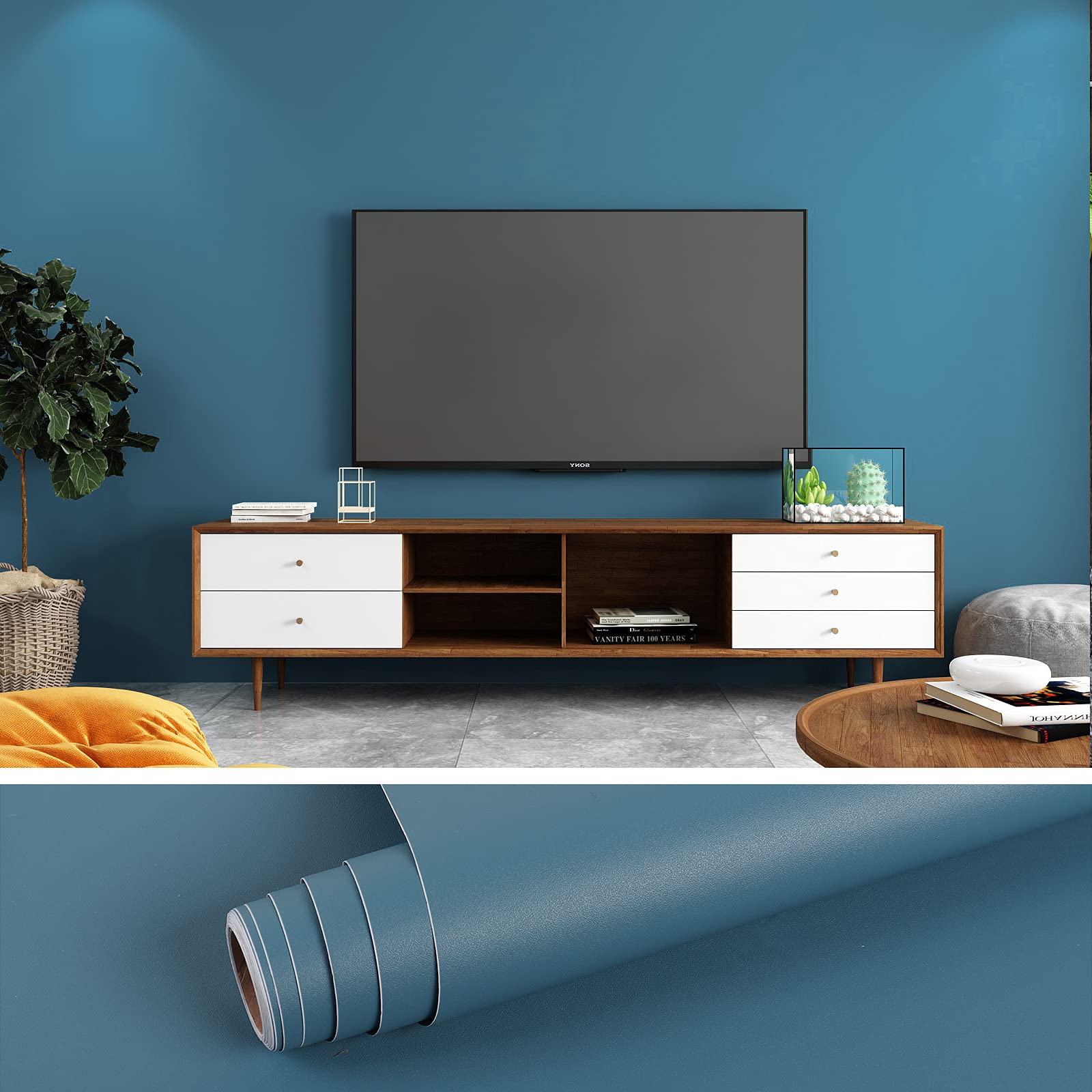 VEELIKE 15.7''x118'' Solid Deep Blue Peel and Stick Wallpaper - Removable Self-Adhesive Vinyl for Bedroom, Kitchen, Cabinets & Shelves | Waterproof, Thick Matte Textured Contact Paper for Walls & Countertops - Perfect for Home Decor & DIY Projects