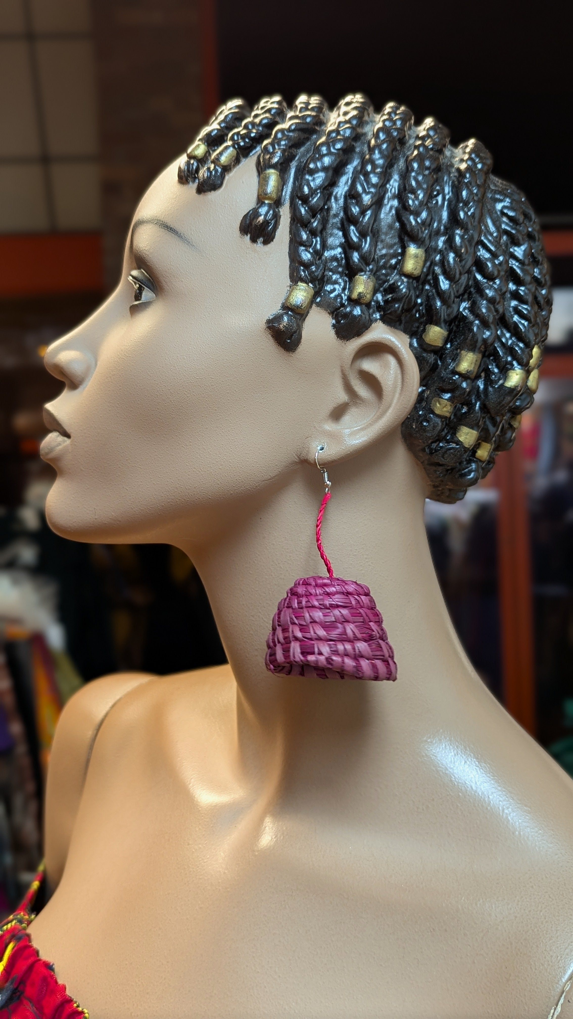 Handmade Kujenga Wine Raffia Upside Down Basket Earrings – Elegant African-Inspired Jewelry for Women | Perfect for Weddings, Parties & Boho Fashion