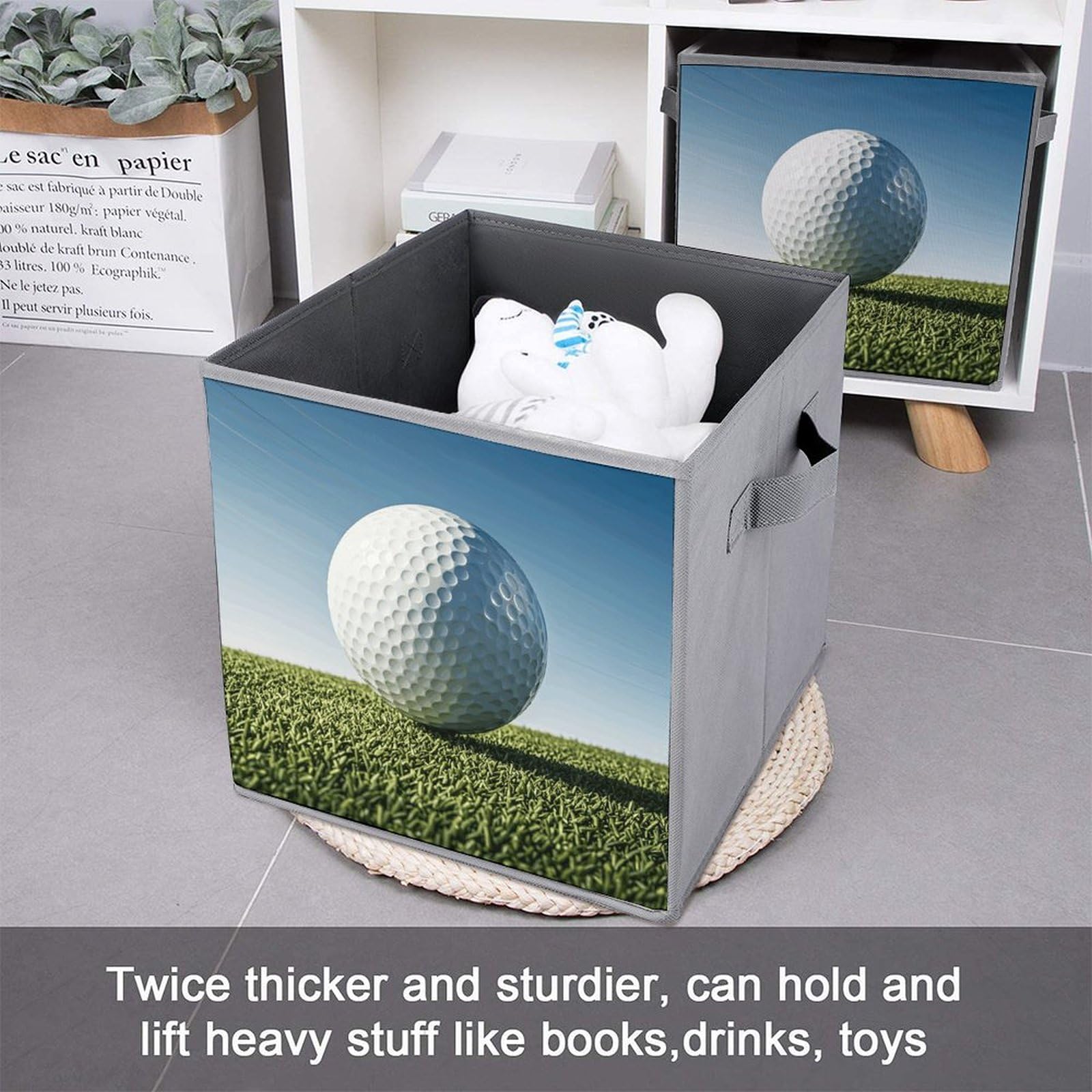 6-Piece Collapsible Storage Bins with Handles - Golf Ball Printed Foldable Organizer Boxes for Shelves, Closet & Home Organization - Perfect for Golf Gear, Toys, Laundry & Household Storage
