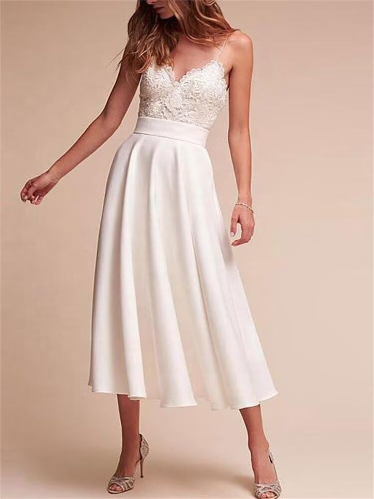 TRHTX Elegant Lace Wedding Dress for Bride - Short Chiffon Tea-Length Bridal Gown with Short Sleeves, Romantic A-Line Silhouette | Perfect for Beach Weddings, Garden Ceremonies & Vow Renewals