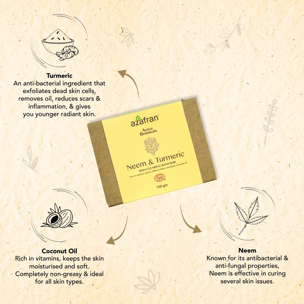 Organic Neem & Turmeric Soap Bar for Acne & Clear Skin - Handmade Deep Cleansing Face & Body Soap with Safflower, Soy Butter & Coconut Oil - All Skin Types - 100g (Pack of 3) - Perfect for Daily Skincare Routine & Sensitive Skin Care