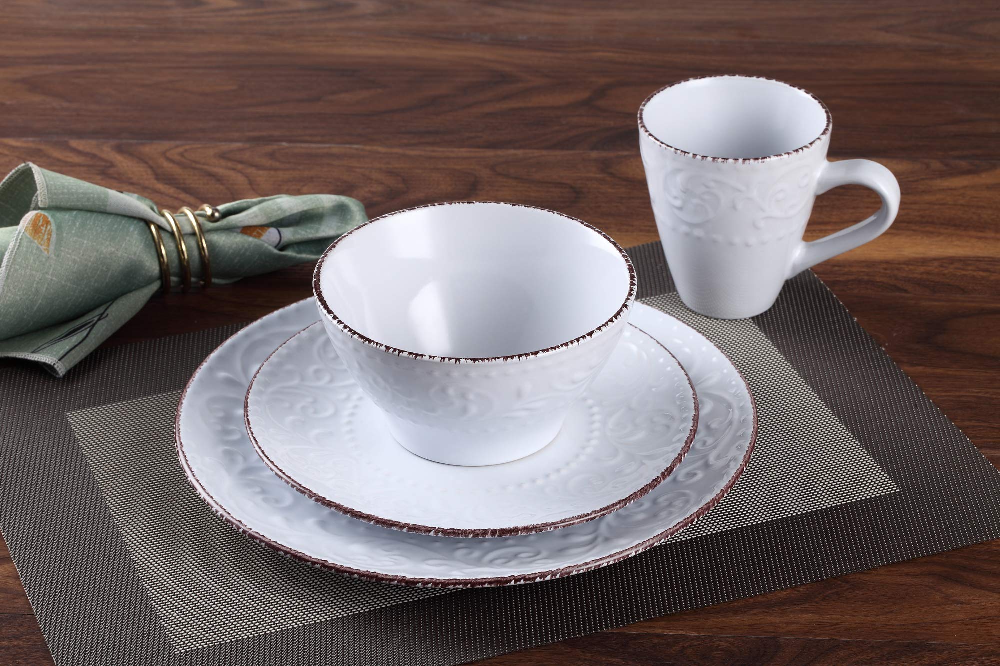 Elegant Modern Stoneware Scroll Dinnerware Set - 16-Piece White Dinner Plates, Bowls & Mugs for Parties, Events & Home Decor | Perfect for Wedding, Holiday & Formal Dining