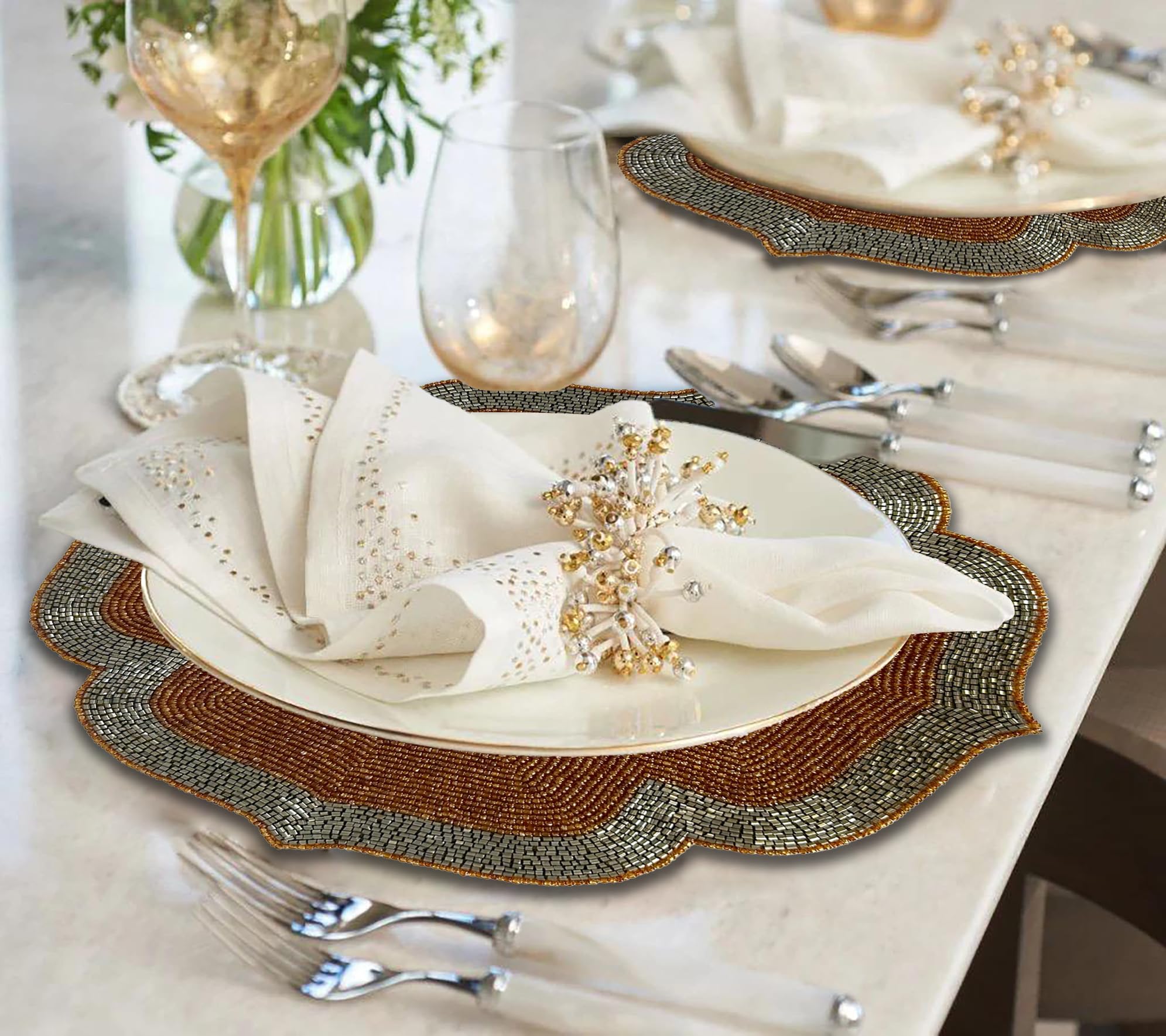 Decozen Beaded Placemats Set of 2 - 14 Inch Heat Resistant Charger Plates for Dining Table, Kitchen, Wedding & Party Decor - Burnt Orange & Silver - Perfect for Spring Home Decor, Valentine's Day & Birthday Celebrations