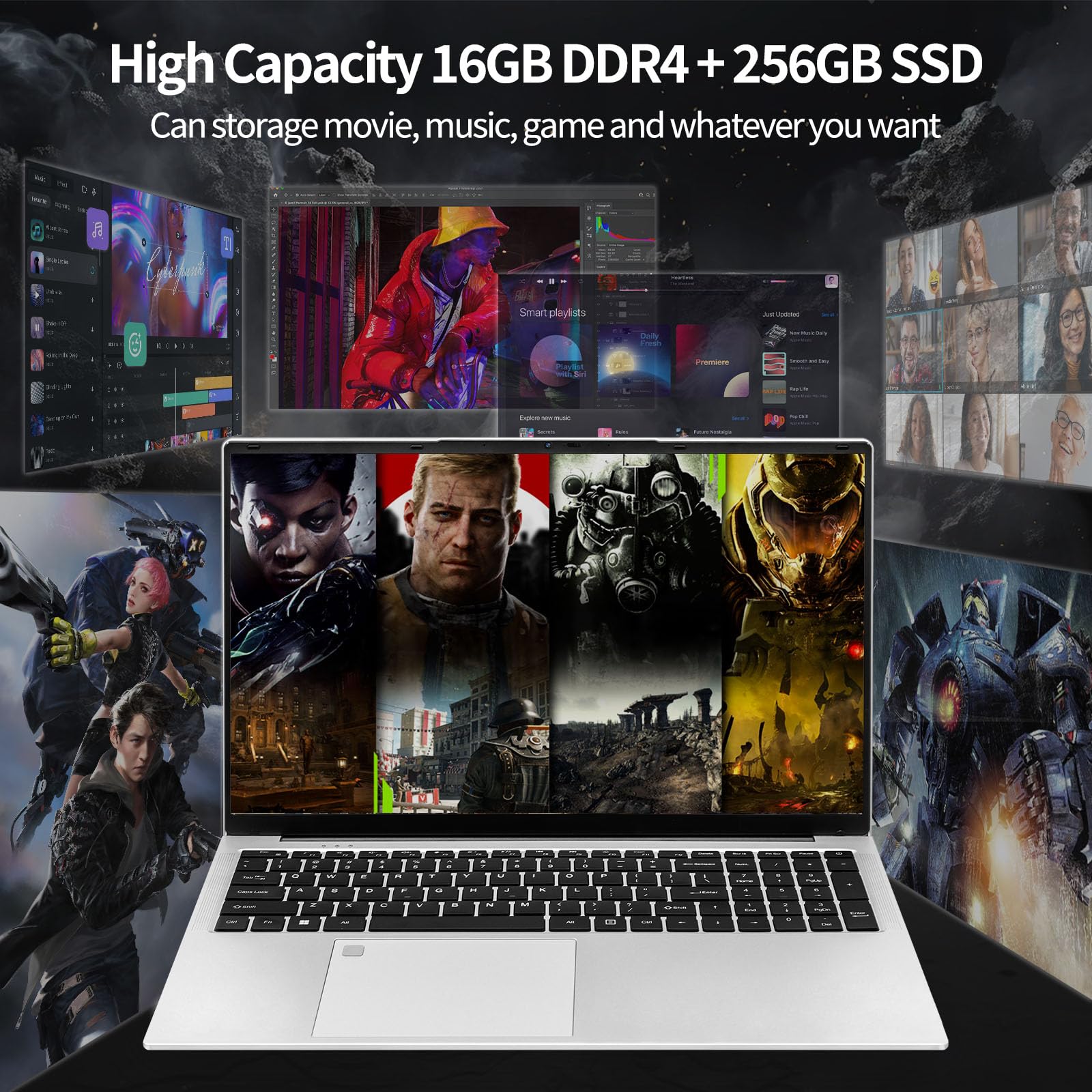UDKED 17.3 Inch Laptop - Intel Celeron N5095 Processor (Up to 2.9GHz), 16GB DDR4 RAM, 256GB SSD, FHD IPS Display, 180° Hinge, Backlit Keyboard, Fingerprint Reader, HDMI Port (Silver) - Perfect for Work, Study & Entertainment