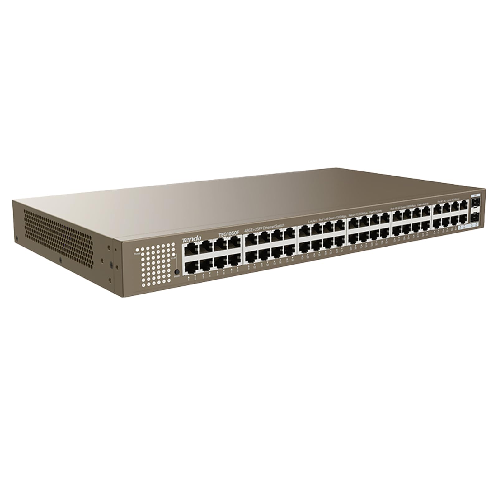 Tenda 50 Port Gigabit Ethernet Switch - Unmanaged Network Switch with 48 RJ45 Ports & 2 SFP Ports, Desktop or 19 Inch Rack Mount, Plug and Play, Steel Housing (TEG1050F) - Ideal for Office Networks, Data Centers, and Home Server Setups