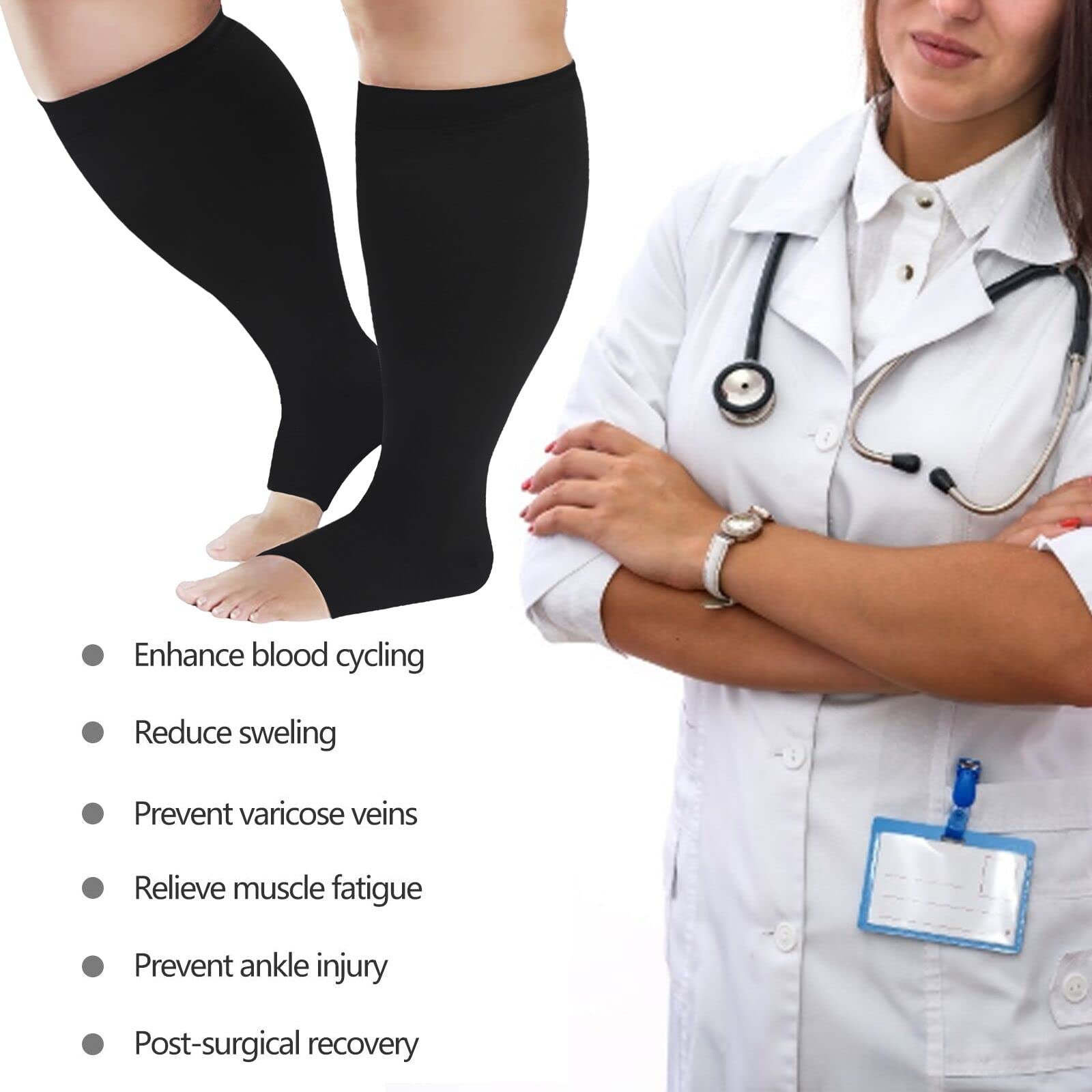 **Toeless Compression Socks for Women & Men - Wide Calf Open Toe Support Socks 20-30 mmHg - Plus Size 7XL - Knee High Medical Pro Black - Improve Circulation & Reduce Swelling - Perfect for Travel, Running & Recovery**