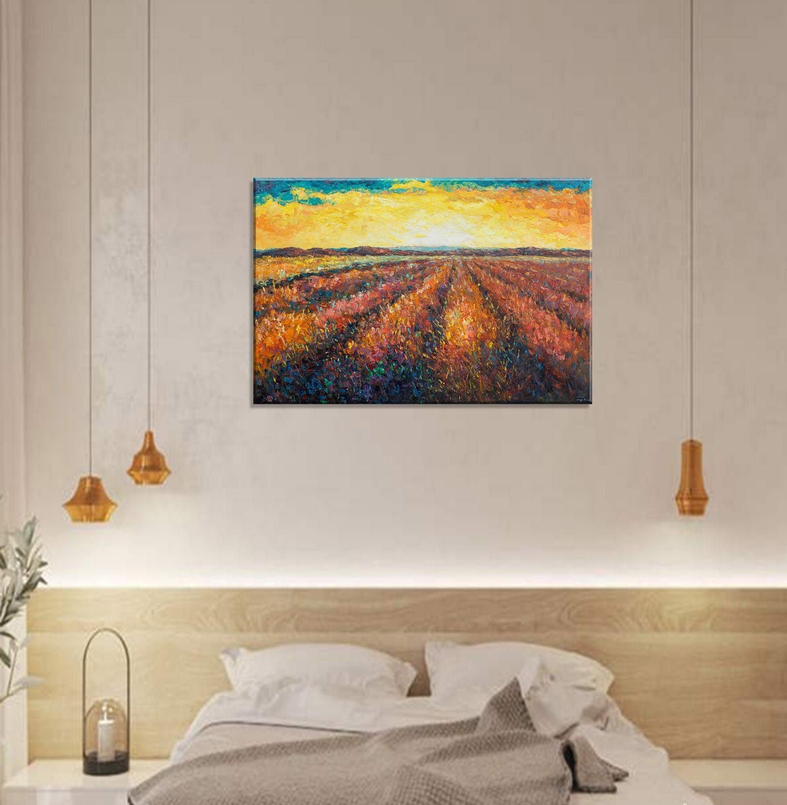 Lavender Fields & Sunrise Oil Painting - 32x48 Inches Palette Knife Artwork, Ready to Hang - Perfect for Living Room, Bedroom, or Office Wall Decor