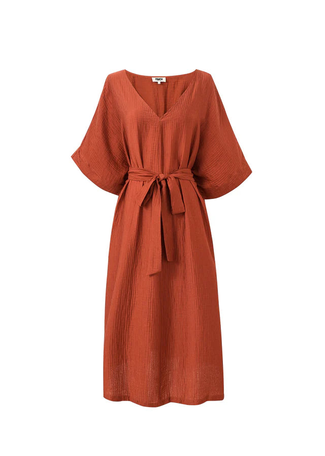 Nickie Women's Midi Dress in Rust Color - Elegant Flowy A-Line Summer Dress for Casual Outings, Date Nights & Office Wear