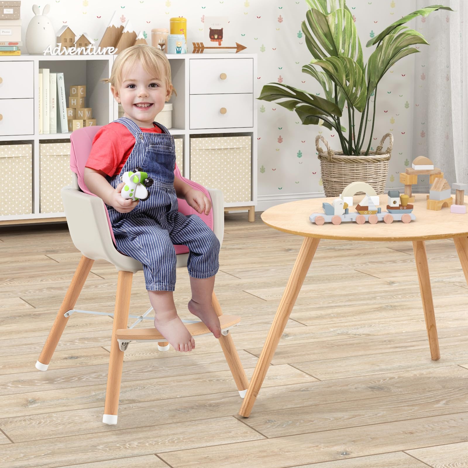 HONEY JOY 3-in-1 Wooden High Chair for Babies & Toddlers - Convertible Booster Seat with Removable Tray, 5-Point Safety Harness, PU Cushion & Adjustable Footrest - Perfect for Dining, Feeding & Learning (Pink)