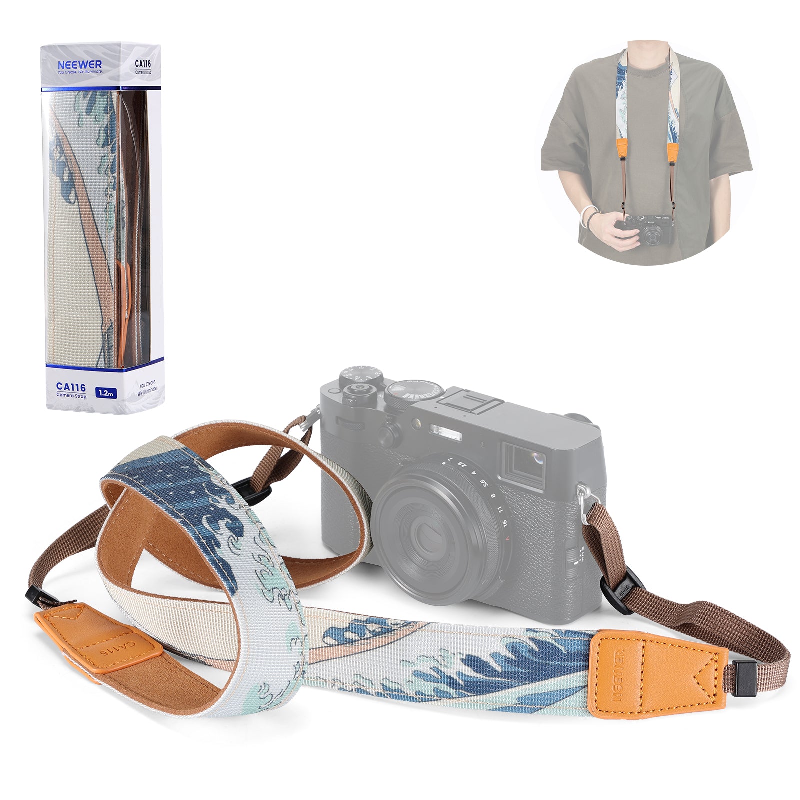 NEEWER CA116 Camera Neck Strap with Mt Fuji & Waves Design for Fujifilm X100V/X100VI - Comfortable & Stylish Camera Strap for Travel, Street Photography & Everyday Use