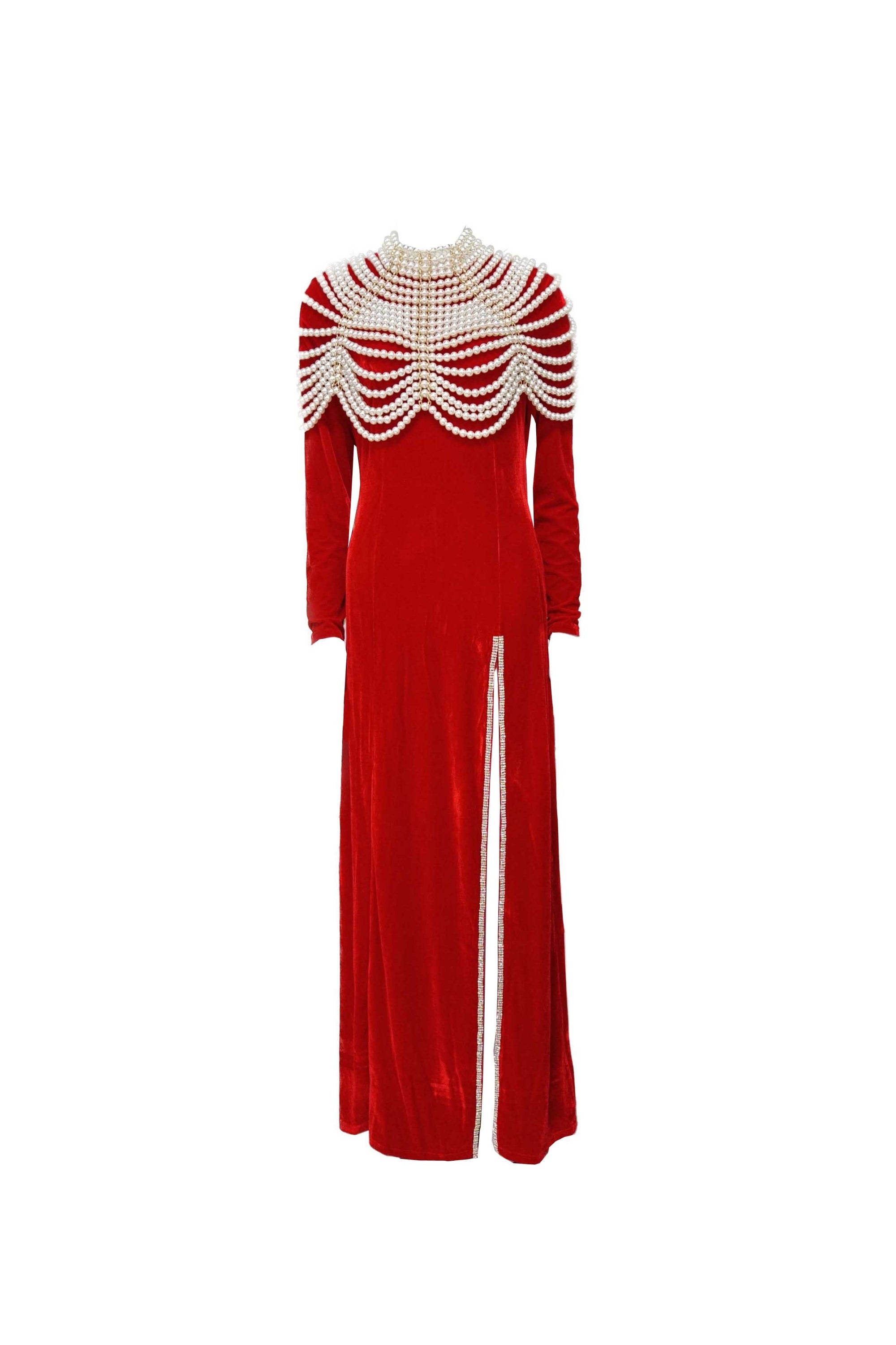 AALIYAH Pearl Embellished Velvet Maxi Dress in Red - Elegant Evening Gown for Parties, Weddings & Special Occasions